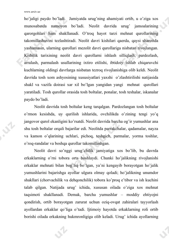 rish, ortib borayotgan zarurat uchun oziq-ovqat zahiralari tayyorlash ayollardan erkaklar qo’liga o’tadi. ijtimoiy hayotda erkaklarning roli ortib borishi oilada erkakning hukmronligiga olib keladi. urug’ ichida ayollarning hukmron mavqeiga barham beriladi. endi matriatxat (ona urug’i) o’rnini patriarxat (ota urug’i)egallay boshlaydi. neolit davrida o’troq turmush tarzi, o’troq ho’jalik janubiy subtropik rayonlarda dehqonchilikning kelib chiqishiga, cho’lli mintaqalarda, azim daryo va ko’l bo’ylarida o’troq ovchilik ho’jaligining qaror topishiga olib keldi. o’troq ho’jalik yuritishning qaror topishi o’z navbatida chorvachilikning ham paydo bo’lishiga olib keldi. markaziy osiyo hududida neolit davri odamlari ovchilik dehqonchilik va chorvachilik bilan qisman esa hunarmandchilik bilan shug’ullangan. markaziy osiyo janubiy xududlarida, kopettog’ (turkmaniston) etaklarida dehqonchilik va ilk chorvachilik qaror topadi. katta-kichik daryolar va ko’llar sohilida ovchilik va chorvachilik, dehqonchilik qaror topishi insoniyat tarixida buyuk burilish yasadi va ko’plab kashfiyotlarga turtki bo’ldi. neolit davri jamoalari hayotida o’troq ho’jalikning yorqin belgisi sifatida yana bir ho’jalik yangiligi ixtiro qilindi. bu bo’lajak hunarmandchilik ho’jaligining muhim tarmog’i …