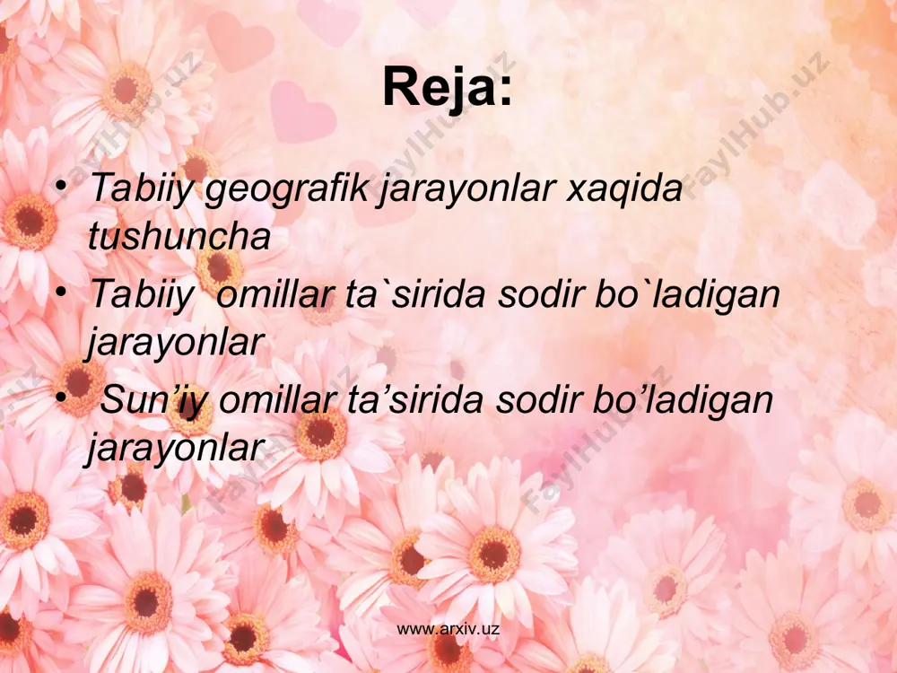 mintaqalar deb ataladi.yer yuzasida ikkita asosiy seysmik mintaqa mayjud: 1) tinch okean seysmik mintaqasi; 2) yevropa-osiyo seysmik mintaqasi. mamlakatimiz o'zbekiston yevropa-osiyo seysmik mintaqasida joylashgan. shu sababli, mamlakatimizda ayrim yillari kuchli zilzilalar i sodir bo’lib turadi, masalan, 1902-yilda andijonda, 1932-yilda tomdibuloqda. 1946-yilda cholqolda, 1959-yilda burchmullada, 1966-yilda toshkentda, 1976-yilda gazlida, 1980-yilda nazarbekda va boshqa joylarda zilzilalar sodir bo’ldi www.arxiv.uz www.arxiv.uz www.arxiv.uz www.arxiv.uz vulqonlar tinch okean qirg'oqlari va unga tutashgan orollarda keng tarqalgan. mazkur minlaqada 800 dan ortiq harakatdagi vulkanlar mavjud bolib, u "tinch okean"olovli halqasi'" deb ataladi bundan tashqari, yerning ichki kuchlari ta'sirida geyzerlar va issiq buloqlar otilishi, yer yuzasi bir qismining asta cho'kishi va boshqa qismining esa asta ko'tarilishi ham sodir bo'lib turadi. geyzerlar va issiq buloqlar asosan vulkanlar tarqaigan mintaqalarda uchraydi. ulardan binolarni isitishda hamda elektrenergiya olishda foydalaniladi. bunday ishlar islandiya, yaponiya, italiya. rossiya va yangi zelandiya davlatlarida yo'lga qo'yilgan. www.arxiv.uz www.arxiv.uz www.arxiv.uz www.arxiv.uz yer yuzasining asta-sekin cho'kishi okean va …