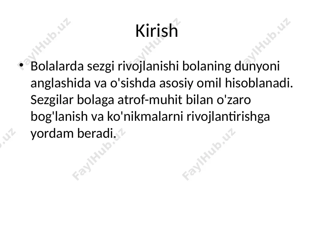 adi. hid va ta'm bilish rivojlanishi bolalarni turli xushbo'y gullar va mevalar bilan tanishtirish ularning hid va ta'm sezgilarini mustahkamlaydi. o'z-o'zini anglash o'yinchoqlar va harakatli o'yinlar yordamida bolalar o'z tana imkoniyatlarini va harakatni boshqarishni rivojlantiradilar. xulosa sezgi rivojlanishi bolalar uchun hayotning barcha sohalarida muvaffaqiyatning asosidir. har bir ota-ona va tarbiyachi bunga alohida e'tibor qaratishi lozim. tavsiyalar 1. bolalarga rivojlanish uchun qulay muhit yaratish. 2. turli xil o'yinlar va faoliyatlarni taklif qilish. 3. har bir bolaning individualligini inobatga olish. /docprops/thumbnail.jpeg