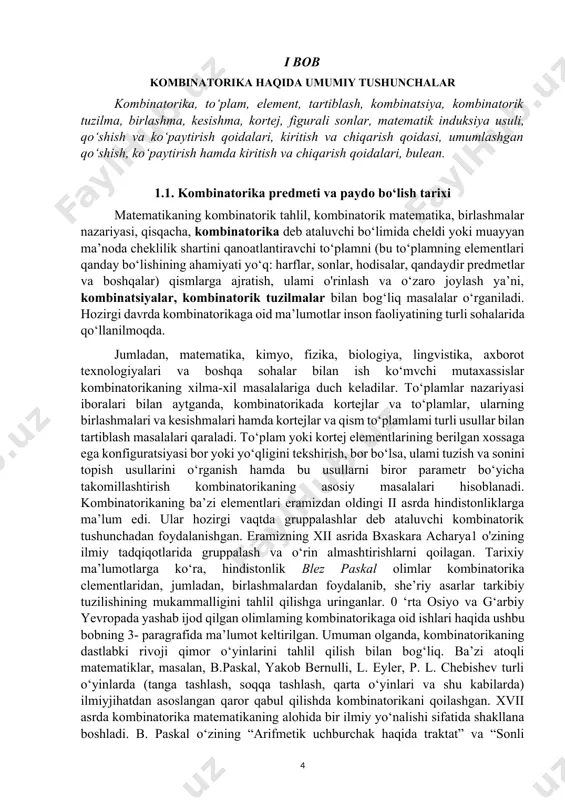 ta natural sonlar yig‘indisi (6) va hokazo (1, 3, 6, 10, 15, ...); uchinchi tartibli figurali sonlar: 1-si lga teng, 2-si birinchi ikkita ikkinchi tartibli figurali sonlarlar yig‘indisi (4), 3-si birinchi uchta ikkinchi tartibli figurali sonlar yig`indisi (10) va hokazo (1, 4, 10, 20, 35, ...). 1- mi s o l . tekislikda radiuslari o‘zaro aylanalar bir-biriga uringan holda yuqoridan 1- qatorda bitta, 2- qatorda ikkita, 3- qatorda uchta va hokazo, joylashtirilgan bo‘lsin. masalan, aylanalar bunday joylashuvining dastlabki to‘rt qatori 1- shalclda tasvirlangan. bu yerda qatorlardagi aylanalar sonlari ketma-ketligi birinchi tartibli figurali sonlarni tashkil qiladi. bu tuzilmadan foydalanib ikkinchi tartibli figurali sonlarni quyidagicha hosil qilish mumkin. dastlab 1- qatordagi aylanalar soni (1), keyin dastlabki ikkita qatordagi aylanalar soni (3), undan keyin dastlabki uchta qatordagi aylanalar soni (6), va hokazo. a “kombinatorika” iborasi g. leybnisning1 “kombinatorik san’at haqidagi mulohazalar” nomli asarida birinchi bor 1665- yilda keltirilgan. bu asarda birlashmalar nazariyasi ilmiy …