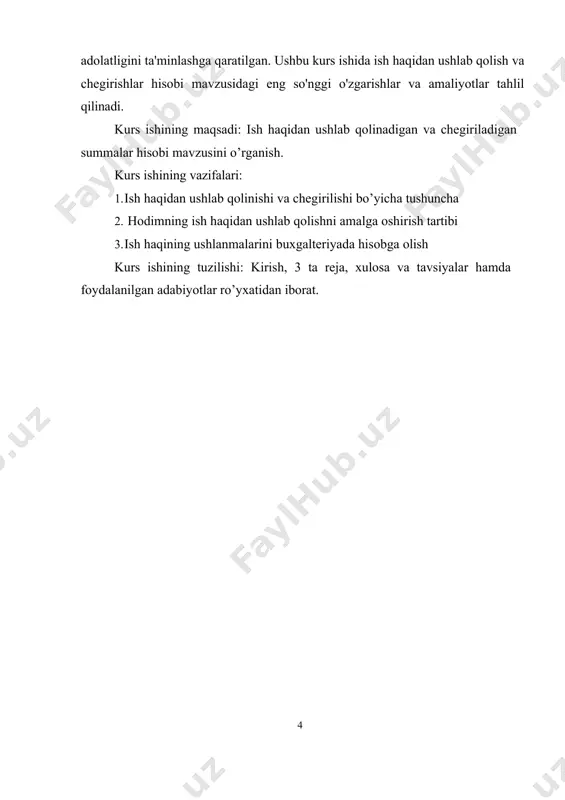 ng daromadlariga, 12 foizlik soliq stavkasi boyicha soliq solinadi. devidentlar va foizlar tarzidagi daromadlarga 5 foizlik soliq stavkasi boyicha soliq solinadi. boshqa majburiyatlar: ba'zi hollarda xodimning ish haqidan boshqa qarzlar yoki ijtimoiy majburiyatlar bo‘yicha ajratmalar olinishi mumkin. misol uchun, kasaba uyishmasiga azo bolgan shaxslardan 1 foizlik kasaba uyishmasiga badal ushlab qolinadi. · chegirmalar va ularning turlari ish haqidan chegirmalar xodim va ish beruvchi o‘rtasidagi kelishuv asosida amalga oshiriladi. chegirmalar quyidagi shakllarda bo‘lishi mumkin: mehnat shartnomasiga asoslangan chegirmalar: ishchi va ish beruvchi o‘rtasida tuzilgan shartnomaga ko‘ra, ishchining maoshidan ajratmalar olinadi. masalan, agar xodim ishga o‘zgartirishlar kiritish bo‘yicha kelishuvga erishgan bo‘lsa yoki boshqa ijtimoiy to‘lovlar bilan bog‘liq muammolar yuzaga kelgan bo‘lsa, ushbu chegirmalar belgilangan shartlarga muvofiq amalga oshiriladi. kredit qarzlari: xodim bankdan kredit olgan bo‘lsa, unda ish haqidan ajratmalar o‘tkazilishi mumkin. ushbu ajratmalar kreditning oylik to‘lovlari hisobidan amalga oshiriladi. kreditning to‘lanishi to‘g‘risidagi shartnoma asosida, xodimning ish haqidan muayyan summa ushlab olinadi. disiplinar …