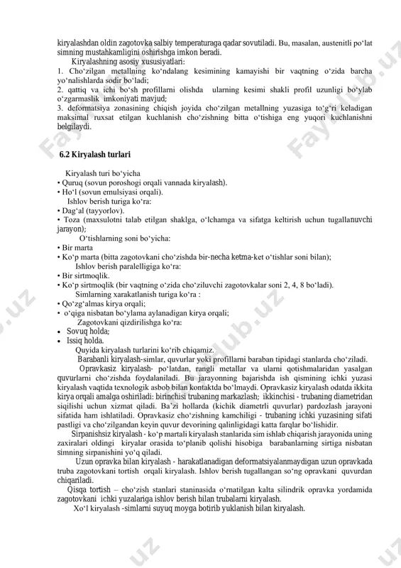 n, v.l. kolmogorov va boshqalar tomonidan olib borilgan nazariy tadqiqotlar asosida erishildi. prokatlash va presslash singari, kiryalash ham metall buyumlar ishlab chiqarishning bir usuli hisoblanadi. kiryalash - bu metallarni bosim bilan ishlov berish jarayoni bo‘lib, u doimiy ravishda metallning kirya deb ataluvchi asbobning torayib boruvchi teshigi orqali zarur qiymatli pkuch bilan tortib olishdan iborat (17.1-rasm). 6.1-rasm. kiryalash jarayoni sxemasi. bunday jarayonda qatnashuvchi metall deformatsiyaga uchrab, ko‘ndalang kesimi kichrayadi, uzunligi uzayib, sirti yuzasi silliq va tekis holatga keladi. agar zagotovkaning kesim yuzini yanada kichraytirish zarur bo‘lsa, ko‘zi kichrayib boruvchi bir-necha kiryalardan o‘tkazib ishlanadi. masalan ingichka simlarni ishlab chiqarish uchun ko‘zi kichrayib boruvchi kiryadan 10—15 marta o‘tkazib tayyorlanadi. kiryalashda zagotovkalar sovuqlayin ishlangani bois, ko‘ndalang kesim yuzi torayib bo‘yiga cho‘ziladi. kiryada metallni ish qismidan oldinga tortish uchun qo‘llanilgan pv kuch-tortish kuchi deyiladi. kiryalashda orqali zagotovkaning cho‘zilgan qismi kiryaning ko‘zinig eng kichik qismi shakli va o‘lchamlariga mos holatda deformatsiyalanadi. kiryalashdan oldin zagotovkaning uch qismi …