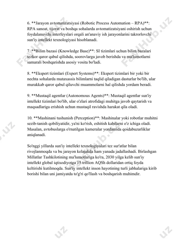 odel real qiymatlar bilan ishlaydi, masalan, uylarning narxini bashorat qilish. - **logistik regressiya**: bu algoritm tasniflash vazifalari uchun ishlatiladi. u kirish ma'lumotlariga esa poisson taqsimoti orqali ahamiyatlilik darajasini belgilaydi. - **chiziqli regressiya**: bu regressiya muammolarini yechishda ishlatiladi. masalan, qaysidir o'lchovning vaqt orasida qanday o'zgarishini prognoz qilish uchun. 2. **nazorat qilinmaydigan o'rganish**: bu usulda modelga kirish ma'lumotlari beriladi, lekin ma'lumotlarning kirish-chiqish juftliklari belgilanmagan bo'ladi. maqsad, ma'lumotlar orasidagi yashirin tuzilmalarni aniqlashdir. - **k-means klasterlash**: ushbu algoritm ma'lumotlarni k ta klasterga ajratadi. har bir klaster ichida ma'lumotlar o'zaro yaqin bo'lishi kerak. - **asossiz komponent tahlili (pca)**: ushbu algoritm ko'p o'lchovli ma'lumotlarni o'lchamlarini kamaytirish uchun ishlatiladi va ma'lumotlarning asosiy komponentlarini ajratadi. 3. **yarim nazoratli o'rganish**: bu usulda ma'lumotlar orasida ba'zilari belgilangan va ba'zilari belgilangan emas. yarim nazoratli o'rganish usullari belgilangan ma'lumotlardan foydalanib, belgilangan bo'lmagan ma'lumotlarni ham o'rganish va ular ustida bashorat qilishga qaratilgan. 4. **mustahkamlash orqali o'rganish**: bu usulda agent o'z muhitidan qanday turdagi …