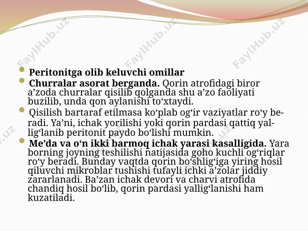 yarasining teshilishida – minutiga 60 zarba); – nafas olishning tezlashishi (nafaqat diafragma eksursiyasining cheklanishi bilan, balki rivojlanayotgan, o’pkaning pastki bo’laklari pnevmoniyasi bilan bog’liq bo’lishi mumkin; – tili «cho’tka» kabi quruq; – tana harorati 38-40c gacha ko’tariladi, kasallikning terminal bosqichida pasayishi mumkin; – ko’zdan kechirishda qorin ichiga tortilgan, «taxtasimon», tarang yoki keskin taranglashgan, passiv yoki nafas olishda qatnashmaydi, kech bosqichlarida esa ichak parezi hisobiga shishgan bo’lishi mumkin. jarrohlik amaliyoti talab qilinadigan bo‘lsa, bu ham o‘z navbatida uch davrga bo‘lgan holatda shoshilinch amaliyot olib boriladi. amaliyotdan oldingi davr – operatsiyadan oldin hayotiy muhim a‘zolar faoliyatida hech qanday kamchilik va nuqsonlar yo‘qligi so‘rov shaklidagi tekshiruvdan o‘tqaziladi. amaliyot davri – yallig‘lanish tarqalayotgan asosiy manba aniqlanadi va u yo‘qotiladi. qorin bo‘shlig‘i tozalanadi, yuviladi. bo‘shliq ma’lum muddat ( yallig‘lanish hajmiga qarab ) drenajlanadi. amaliyotdan keyingi davr – bemorda jarohlikdan keyin hosil bo‘lgan choklarning tozaligiga hamda uning taomnomasi shifokor tavsiya etgan taonomaga mos kelayotganiga asosiy e’tibor qaratiladi. …
