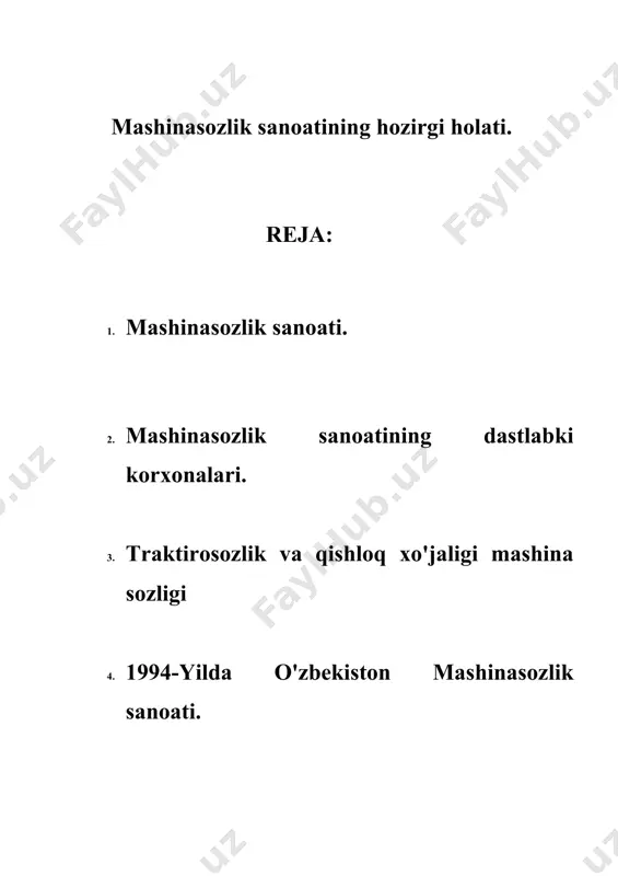 rida vujudga kelgan. bu davrda metallga ishlov berish sanoati, asosan, 14 ta kichik tuzatish ustaxonalaridan iborat edi. ularda, asosan, temir yoʻl, paxta tozalash va yogʻ zavodlarini taʼmirlash ishlari bajarilardi. yalpi sanoat mahsuloti umumiy hajmida ogʻir sanoat va metallga ishlov berish tarmogʻining hissasi 1,3% ni tashkil etgan. 1920-yillardan qishloq xoʻjaligi, sanoat va transportning rivojlantirish zaruriyatidan mavjud taʼmirlash korxonalari kengaytirildi, yangilari kurila boshladi. 1927-yil noyabr da toshkentda "boshpaxtasanoat"ning mexanika zavodi ishga tushirildi. 1931-yilda bu zavod negizida taxta tozalash zavodlari uchun asbobuskunalar ishlab chiqarish va q.h. texnikasi taʼmiri bilan shugʻullanadigan "qishloqmash" (hozirgi "toshkent qishloq xoʻjaligi mashinasozligi zavodi" ak-siyadorlik jamiyati) tashkil etildi. zavodda chigit seyalkalari, borona va kultivatorlar tayyorlash yoʻlga qoʻ-yildi. avtomobilsozlik. avtomobillar, avtomobil dvigatellari, avtomobillarga ehtiyot qismlar, turli ji-hozlar va boshqa asboblar ishlab chiqarish oʻzbekiston mustaqillikka erishganidan keyin shakllana boshladi. 1990-yillarga qadar respublikada avtomobilsozlik sanoati yoʻq edi. oʻzbekistondagi bir necha avtomobil tuzatish zavodlari (toshkent avtotuzatish zavodi 1939-yilda ishga tushirilgan), yengil mashinalarga xizmat koʻrsatadigan …