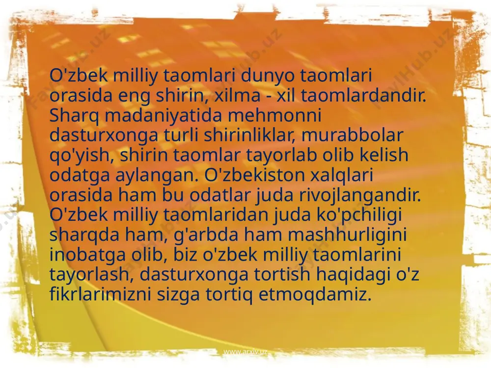 oki mol goʻshti (baʼzan, qazi) tashkil etadi. www.arxiv.uz halim halim — bugʻdoy va mol goʻshtidan tayyorlanadigan qadimiy taom, oʻzbek pazandaligida tansiq taomlardan biri. uzoq qaynatib pishiriladi. buxoro va samarqand viloyatlarida "halisa" deb ham nomlanadi. h. tayyorlash uchun qayroqi bugʻdoy bir oz namlanib, yogʻoch keli (oʻgʻir)da tuyilib, sovuq suvda yuviladi, soʻng 5 — 6 soat davomida iliq suvda ivitiladi. www.arxiv.uz moshxo'rda mosh va guruchli taom bo‘lib, u har kuni qilinadigan va mehmonga ham tortiladigan o‘zbek taomlaridan biridir. bu taom juda mazali va foydali. mosh va guruch , go‘sht, piyoz, sabzi (qizil sabzi)dan tayyorlanadigan qadimiy taom, oʻzbek pazandaligida tansiq taomlardan biri. www.arxiv.uz qovurma lag`mon qovurilgan lag‘mon tayyorlash uchun, mol yoki qo‘y go‘shti, piyoz, shirin bulg‘or qalampiri, sabzi, tuxum, ko‘kat, o‘simlik yog‘i, pomidor kerak bo‘ladi. go‘sht mayda to‘tburchak shaklida to‘g‘raladi. go‘sht o‘simlik yog‘ida 15 daqiqa davomida qovuriladi. agar go‘sht qattiqroq bo‘lsa idishning qopqog‘ini yopib bir oz yumshatiladi. so‘ng tuz va achchiq murch solinadi. …