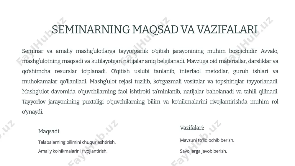 o‘yinlar", "debat" va muammoli ta’lim texnologiyalari kiradi. zamonaviy axborot texnologiyalaridan foydalanish (elektron doska, onlayn platformalar, videodarslar, interaktiv testlar) esa o‘quv jarayonini yanada samarali va qiziqarli qiladi. interaktiv yondashuv o‘quvchilarning bilimlarni chuqur o‘zlashtirishiga, muloqot ko‘nikmalarini rivojlantirishiga va jamoaviy ishlash malakasini oshirishiga yordam beradi. 7 baholash mezonlari va topshiriqlar 1 baholash mezonlari aniqlik va shaffoflik. 2 topsiriqlar amaliy koʻnikmalarni rivojlantirish. 3 fikr-mulohazalar talabalarga yordam berish. 8 seminar va amaliy mashgʻulotlarni tahlil qilish kamchiliklarni aniqlash 1 yutuqlarni qayd etish 2 kelajak uchun reja tuzish 3 9 oʻqituvchining roli va vazifalari 1 yoʻnaltiruvchi 2 fasilitator 3 bilim beruvchi 10 e’tiboringiz uchun raxmat! 11 image1.png image2.png image3.png image4.png image5.png image6.png image7.png image8.png image9.png image10.png image11.png image12.png image13.png