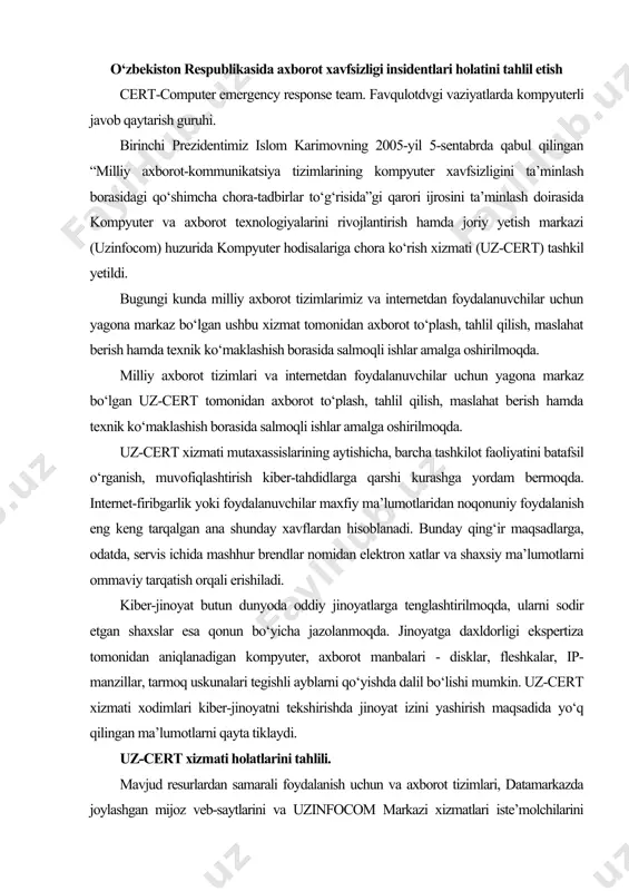 dunyoda oddiy jinoyatlarga tenglashtirilmoqda, ularni sodir etgan shaxslar esa qonun bo‘yicha jazolanmoqda. jinoyatga daxldorligi ekspertiza tomonidan aniqlanadigan kompyuter, axborot manbalari - disklar, fleshkalar, ip-manzillar, tarmoq uskunalari tegishli ayblarni qo‘yishda dalil bo‘lishi mumkin. uz-cert xizmati xodimlari kiber-jinoyatni tekshirishda jinoyat izini yashirish maqsadida yo‘q qilingan ma’lumotlarni qayta tiklaydi. uz-cert xizmati holatlarini tahlili. mavjud resurlardan samarali foydalanish uchun va axborot tizimlari, datamarkazda joylashgan mijoz veb-saytlarini va uzinfocom markazi xizmatlari iste’molchilarini ximoyalanganlik darajasini oshirish maksadida, hamda zararli kompyuter insidentlariga tezkor javob ko‘rish va ularning oqibatlari va sabablarini bartaraf qilish maqsadida uzinfocom markazida uz-cert (uzinfocom markazining kompyuter insidentlariga tezkor javob qaytarish xizmati) nomi ostida texnik xavfsizlik bo‘limi xizmat ko‘rsatmoqda. uz-cert xizmati datamarkaz mijozlariga yuqori darajali xizmatlar ko‘rsatishga yo‘naltirilgan. bundan tashqari so‘rov asosida korxonalar va tashkilotlarning axborot tizimlarini xavfsizligini ta’minlash va ro‘y beruvchi kompyuter xodisalarini bartaraf etish va oldini olishda ko‘maklashib kelmoqda. shuni ta’kidlash lozimki uz-cert xizmati davlat nazorat organi emas va tekshirishlar natijalari tavsiya xarakteriga …