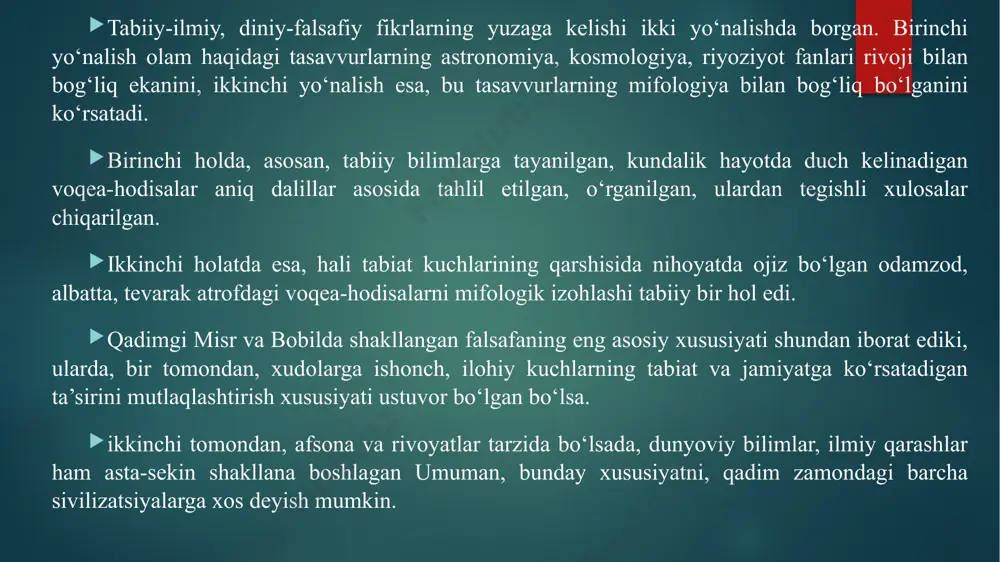 balarda ham o‘z aksini topgan. “upanishadalar” sirli bilim degan ma’noni anglatib, “veda”larning falsafiy qismini tashkil etadi. “upanishadalar” yaxlit kitob yoki falsafiy risola bo‘lmay, balki turli vaqtda turli mavzuda ijod etgan noma’lum mualliflarning matnlaridan iboratdir. ularning mazmuni va uslubi har xil va turlicha falsafiy qarashlar mahsulidir. “upanishadalar”dagi falsafiy mavzular, asosan, insonni o‘rab turgan borliq, uning hayotdagi o‘rni va vazifasi, tashqi olam va inson tabiati, uning hayoti va ruhiyatining mohiyati, bilish imkoniyatining chegaralari, axloq meyorlari haqidadir. falsafiy muammolar asosan diniy-mifologik nuqtai nazardan bayon etilgan. 4 qadimgi hind falsafiy maktablari ikki guruhga bo‘linadi. hindistonlik faylasuflar bu guruhlarni astika va nastika deb ataydi. vedanta, sankxya, yoga, vaysheshika, n’yaya va mimansa — astika guruhiga kiruvchi falsafiy maktablar. astika maktablarning tarafdorlari “veda”ning muqaddasligini tan olib, birdan-bir haqiqat undagina ifodalangan, deyishadi. nastika ya`ni chorvaka-lokayata tarafdorlari materialistik ta’limotni ilgari surganlari uchun “veda”ning muqaddasligini tan olishmaydi hamda olam ilohiy kuch tomonidan yaratilmagan, “veda” haqiqiy bilim bermaydi, olam sababiyat orqali …