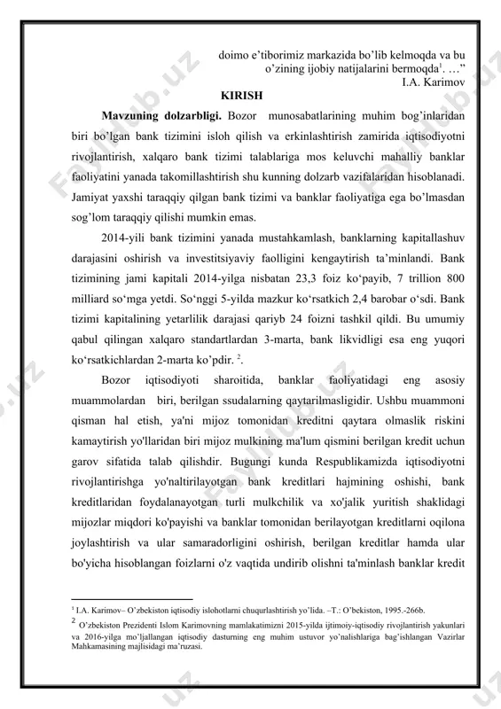 b qilish tartibini o’rganish; · hozirgi kunda respublikamiz sharoitida ta'minot turlari ichida muhim o'rinni egallayotgan garov, garov mexanizmi, garovning turlari, garov shartnomasi va uni rasmiylashtirish; · garovga olinayotgan mulkni baholash tartibini o’rganish; · kredit o'z vaqtida va to'liq qaytmagan taqdirda undiruvni garovga qo'yilgan mulkka qaratish, uni realizatsiya qilish masalalarini yoritish; · ularning huquqiy asoslari, shuningdek, tijorat banklarida garov mulklari bilan ishlashdagi muammolar va ularni bartaraf etish yo’llarinini o’rganish. bitiruv malakaviy ishining ob’yekti va predmeti. bitiruv malakaviy ishining ob’yekti sifatida tijorat banklari tanlangan. bitiruv malakaviy ishining predmeti o’zbekiston respublikasi tijorat banklarining kreditlari uchun ta’minot talab qilish, rasmiylashtirish va takomillashtirish masalalari hisoblanadi. bitiruv malakaviy ishining nazariy va amaliy ahamiyati. bitiruv malakaviy ishining nazariy asosini kredit ta’minotiga bag’ishlangan o’zbekiston respublikasi qonunlari, prezident farmonlari va qarorlari, o’zbekiston respublikasi vazirlar mahkamasining qarorlari, o’zbekiston respublikasi markaziy banki yo’riqnomalari, xorijiy va mahalliy iqtisodchi olmlarning ilmiy tadqiqotlari tashkil etadi. bitiruv malakaviy ishining amaliy ahamiyati shundan iboratki, undagi takliflar …