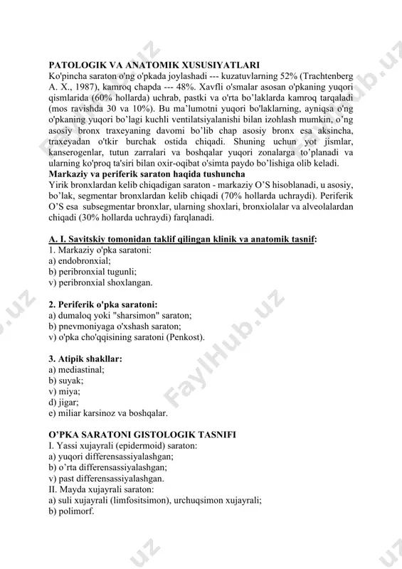 o'rganilgan: yuqoridagi salbiy ta'sirlar va surunkali yallig'lanish natijasida qadahsimon hujayralari sonining kamayishi bilan bronxial epiteliyning atrofiyasi yuzaga keladi, shilliq qavatning bezli komponentlari fibroz tolali to'qimalar bilan almashinadi. silindrsimon epiteliy asta-sekin yassi, ko'p qavatli bo'lib qoladi. past, o'rtacha va yuqori darajadagi metaplaziya (displaziya) o'choqlari paydo bo’ladi va dastlab preinvaziv saratonga, keyin esa invaziv saratonga o'tadi. boshqa gistologik shakllarning patogenezi kam o'rganilgan. shunday qilib, mayda hujayrali o’s (mo’s) kulchitskiy hujayralaridan va neyroektodermal kurtakdan kelib chiqqan neyrosekretor hujayralardan rivojlanishi ma'lum. mo’s rivojlanishidagi asosiy sabab bu - dietilnitrosamin va dibutilnitrosaminning ushbu hujayralarga ta'siri ekanligi aniqlandi. mo’s biologik faol moddalar (somatotropin, insulin, kalsitonin, aktg va boshqalar) ishlab chiqarishi tufayli o’ziga xos klinik xususiyatlariga ega bo'lgan apud tizimining o’smasi sifatida tasniflanadi. adenokarsinomada endogen, asosan gormonal omillarga, shuningdek, irsiy moyillikka, xususan, tanadagi kanserogenlarni metabolik faollashtira olish qobiliyatiga katta ahamiyat beriladi. patologik va anatomik xususiyatlari ko'pincha saraton o'ng o'pkada joylashadi --- kuzatuvlarning 52% (trachtenberg a. x., 1987), kamroq …