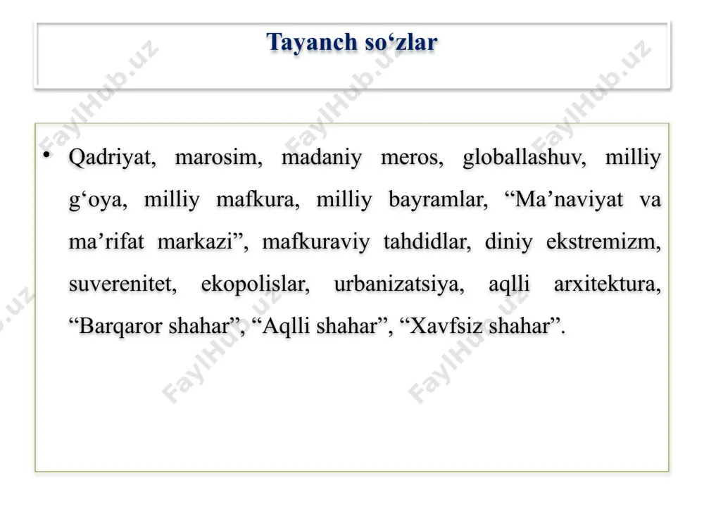 danoq ajdodlarimiz tomonidan ko‘p asrlar mobaynida yaratib kelingan g‘oyat ulkan, bebaho ma’naviy va madaniy merosni tiklash davlat siyosati darajasiga ko‘tarildi. xalqimiz o‘z tarixi, urf-odatlari, milliy va diniy qadriyatlariga o‘zgacha ehtirom bilan munosabatda bo‘lishi jahon ahli tamonidan e’tirof etilgan. tarix xotirasi, xalqning xolis va xaqqoniy tarixini tiklash milliy o‘zlikni anglash jarayonida g‘oyat muhim o‘rin tutadi. tarix millatning xaqiqiy tarbiyachisiga aylanib bormokda. buyuk ajdodlarimizning ishlari va jasoratlari tarixiy xotiramizni jonlantirib, yangi fuqarolik ongini shakllantirmokda, ahloqiy tarbiya va ibrat manbaiga aylanmokda.. ! milliy g‘oya ongu shuuriga singdirilgan xalq farzandlari o‘zligini anglab, buyuk maʼnaviy jasorat namunalarini ko‘rsatishgani tarixdan maʼlum. o‘zbekistonning birinchi prezidenti islom karimov “yuksak maʼnaviyat yengilmas kuch” asarida taʼkidlaganidek, to‘maris, shiroq, muqanna, temur malik, jaloliddin manguberdi, аmir temur, navoiy, аvloniy, qodiriy, fitrat ana shunday maʼnaviy jasorat sohiblaridir. o‘zbek xalqi bor ekan, ularning nomi va xotirasi abadiydir. milliy g‘oyani anglagan avlod ajdodlari anʼanalarini davom ettiraveradi. ! o‘zbekistondagi ijtimoiy sohaning tub ildizlaridan bo‘lgan maʼnaviy sohaning …