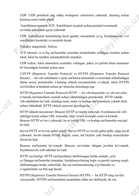 vini yuboradi: foydalanuvchi url manzilida https:// ni kiritadi. brauzer serverga https so‘rovini yuboradi. server ssl/tls sertifikatini yuboradi: serverga ulanganingizda, server ssl/tls (secure sockets layer yoki transport layer security) sertifikatini yuboradi. bu sertifikat serverning haqiqiyligini tasdiqlaydi va foydalanuvchi bilan xavfsiz aloqani o‘rnatishga yordam beradi. ssl/tls aloqa o‘rnatiladi: brauzer va server o‘rtasida "ssl/tls qo‘lqarsiz aloqa" o‘rnatiladi. bu jarayonda ikki tomon ma'lumotlarni shifrlash va deshifrlash uchun maxfiy kalitlar almashadilar. shifrlangan ma'lumotlar almashiladi: ma'lumotlar shifrlangan holda uzatiladi. bu shifrlash ma'lumotni tarmoq orqali o‘g‘irlash yoki o‘zgartirishni imkonsiz qiladi. brauzer ma'lumotni ko‘rsatadi: brauzer ma'lumotni olingan va shifrlangan holda deshifrlaydi va foydalanuvchiga ko‘rsatadi. https xavfsizligi: https ma'lumotlarni uzatishda ssl/tls protokoli yordamida ma'lumotlarni shifrlaydi. bu shifrlash tarmoqdagi xatoliklar, xakerlar yoki ma'lumotlarni o‘g‘irlaydigan shaxslarning bu ma'lumotlarga kira olishlarini oldini oladi. https yordamida serverning haqiqiyligini tekshirish mumkin, bu esa man-in-the-middle hujumlarini oldini olishga yordam beradi. https yordamida foydalanuvchi va server o‘rtasidagi aloqaning maxfiyligi, yaxlitligi va autentifikatsiyasi ta'minlanadi. http vs https: …