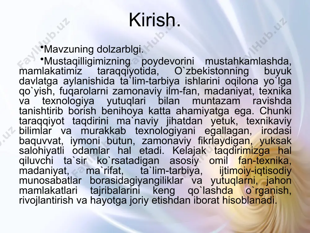 agi tashabbuskorlik va ijodkorlikka keng shart-sharoitlar yaratishi kerak edi. i.2. ta`lim tizimidagi islohotlar va ularning maqsad va yo`nalishlari. mustaqilligimizning poydevorini mustahkamlashda, mamlakatimiz taraqqiyotida, o`zbekistonning buyuk davlatga aylanishida ta`lim-tarbiya ishlarini oqilona yo`lga qo`yish, fuqarolarni zamonaviy ilm-fan, madaniyat, texnika va texnologiya yutuqlari bilan muntazam ravishda tanishtirib borish benihoya katta ahamiyatga ega. chunki taraqqiyot taqdirini ma`naviy jihatdan yetuk, texnikaviy bilimlar va murakkab texnologiyani egallagan, irodasi baquvvat, iymoni butun, zamonaviy fikrlaydigan, yuksak salohiyatli odamlar hal etadi. kelajak taqdirimizga hal qiluvchi ta`sir ko`rsatadigan asosiy omil – fan-texnika, madaniyat, ma`rifat, ta`lim-tarbiya, ijtimoiy-iqtisodiy munosabatlar borasidagi yangiliklar va yutuqlarni, jahon mamlakatlari tajribalarini keng ko`lamda o`rganish, rivojlantirish va hayotga joriy etishdir. ilm-fan, madaniyat va ma`rifat har qanday mamlakat va xalqni yuksaklikka ko`taradi, uning taraqqiyotini ta`minlaydi, kelajagini oldindan ko`rsatib beradi. ilm-ma`rifat e`zozlangan, ta`lim-tarbiyaga birinchi darajali ahamiyat berilgan mamlakatda turish nizolar, urush to`g`risida o`ylash hech kimning hayoliga ham kelmaydi. chunki ilm-ma`rifat insonni yuksaklikka ko`taradi. ta`lim-tarbiyaga birinchi darajali ahamiyat berish, bu haqda …