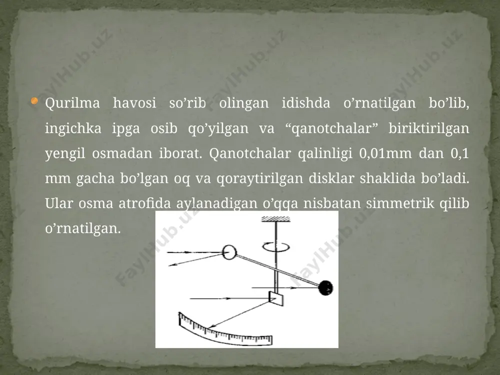 ormal (tik) tushayotgan yorug‘lik energiyasi, ya’ni yoritilganlikni e orqali ifodalasak, u holda yorug‘lik energiya zichligini e/c ifodaga almashtirsak bo‘ladi. bu ifodada c — yorug‘likning bo‘shliqdagi tezligi. shunday ekan yorug‘lik bosimini yana quyidagi ko‘rinishda yozsak bo‘ladi: p = e/c ( 1 + r ) ( 15 ) maksvell hisoblashi bo‘yicha, yorug‘ kunda quyosh nurlari 1 m2 qora sirtga 0,4 mkn kuch bilan bosim beradi. yorug‘lik bosimini birinchilardan bo‘lib p.n. lebedev o‘lchadi. 1889—1900 - yillarda o‘tkazilgan tajribalar o‘sha davrning eng ilg‘or laboratoriyalaridan birida (moskvada) o‘ta nozik eksperimental qurilmada o‘tkazildi. lebedev o‘tkazgan tajribada juda ingichka ipga osma o‘rnatilgan bo‘lib, osmada bir necha juft qanotchalar mavjud. yupqa yengil qanotchalarning biri qoraytirilgan bo‘lib, ikkinchisi esa yaltiroq holda qoldirilgan. havosi so‘rib olingan idish ichiga joylashtirilgan k osma juda sezgir burama tarozini tashkil qiladi. osmaning burilishi ipga biriktirilgan ko‘zgucha va truba yordamida kuzatiladi tajribalar turli shakldagi osmalar yordamida o‘tkazilgan edi. lebedev tajribasidagi asosiy qiyinchilik gazning konveksion oqimlari …