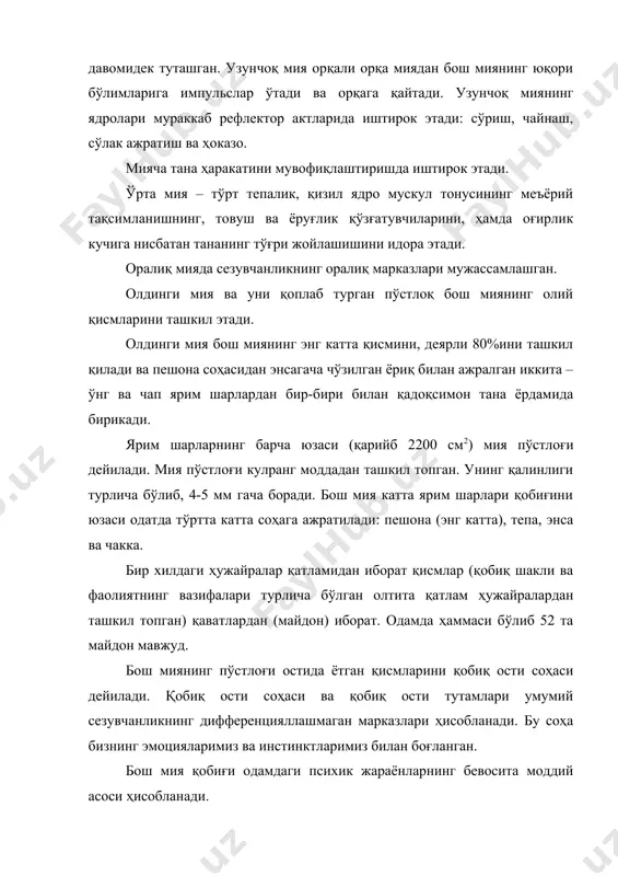 та катта соҳага ажратилади: пешона (энг катта), тепа, энса ва чакка. бир хилдаги ҳужайралар қатламидан иборат қисмлар (қобиқ шакли ва фаолиятнинг вазифалари турлича бўлган олтита қатлам ҳужайралардан ташкил топган) қаватлардан (майдон) иборат. одамда ҳаммаси бўлиб 52 та майдон мавжуд. бош миянинг пўстлоғи остида ётган қисмларини қобиқ ости соҳаси дейилади. қобиқ ости соҳаси ва қобиқ ости тутамлари умумий сезувчанликнинг дифференцияллашмаган марказлари ҳисобланади. бу соҳа бизнинг эмоцияларимиз ва инстинктларимиз билан боғланган. бош мия қобиғи одамдаги психик жараёнларнинг бевосита моддий асоси ҳисобланади. катта ярим шарлар қобиғи ўзининг толалари билан бош мия ва орқа миянинг барча қисмларини боғлайди. психик ҳаёт бутун марказий нерв тизимининг мавжудлиги ва фаолияти билан боғлангандир. шу билан бирга, нерв тизими ва бутун организм фаолиятининг муҳим аҳамияти бош мия қобиғига тегишлидир. периферик нерв тизими марказий нерв тизими билан ажралмас яхлитликни ташкил этади. периферик нерв тизими марказий нерв тизимидан чиқиб тармоқланиб, шу билан бирга бутун организмни мнт билан боғловчи нервлар ташкил этади. …