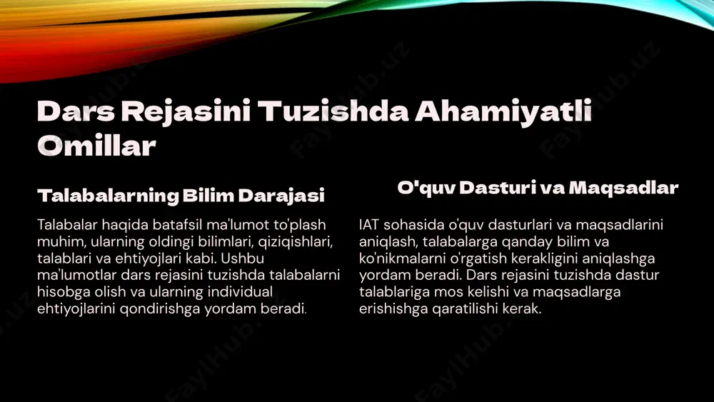 a ketma-ketlik usullari: oʻqituvchi oldingi va keyingi bilimlarning oʻquvchilarga tushunarli boʻlishini taʼminlashi kerak. c)gʻoliblik va integratsiya usullari: oxir oqibat, qismlarni ajratish butunlikni tushunishga yordam berish uchun ularning kombinatsiyasi bilan kuzatilishi kerak. assotsiatsiyani taqqoslash: har doim yangi gʻoyalar yoki bilimlarni mos usuli misollar keltirish va tegishli tushunchalar bilan taqqoslash orqali kundalik hayot vaziyatlari bilan bogʻlash maqsadga muvofiqdir. bu qadam printsiplarni oʻrnatish yoki taʼriflarni umumlashtirishda muhim ahamiyatga ega. 10 iat fanini o'rganishda muhim ko'nikmalar kompyuter savodxonligi kompyuterni ishlatish bo'yicha asosiy ko'nikmalar, shu jumladan, operatsion tizimlar, dasturiy ta'minot, internet va axborot texnologiyalari bilan ishlash. dasturlash tilini bilish dasturlash tilini bilish, turli xil dasturlar va veb-saytlarni yaratish, muammolarni hal qilish va o'z fikrlarini dasturiy kod orqali ifodalashga imkon beradi. muloqot va taqdimot qobiliyatlari o'z fikrlarini aniq va samarali bayon qilish, taqdimotlar yaratish va muhokama qilish qobiliyatlari. 11 xulosa iat sohasi tez sur'atlar bilan rivojlanmoqda. shuning uchun, iat fanini o'rganishda doimiy bilim olish va ko'nikmalarni …