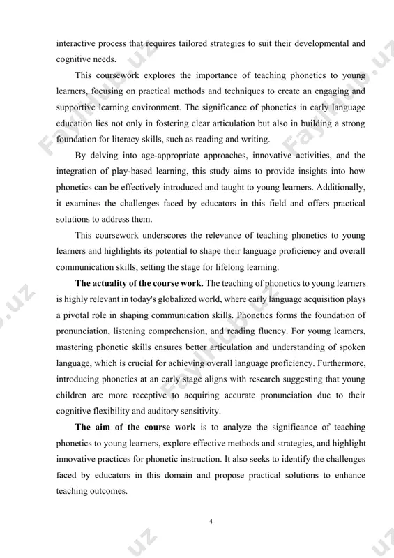 , and reading. the theoretical value of the course work. this coursework delves into the theoretical underpinnings of phonetics instruction, drawing from linguistic theories, child psychology, and language acquisition research. it provides a comprehensive understanding of how phonetics contributes to language development, the stages of phonetic learning in children, and the role of phonological awareness in literacy. by exploring established theories and frameworks, this study bridges the gap between theory and practice, offering educators a robust foundation for their teaching methodologies. the task of investigation. we have set ourselves to achieve the following tasks forward: - investigating the role of phonetics in developing pronunciation, listening comprehension, and overall language skills among young learners; - understanding the cognitive, auditory, and psychological attributes that influence phonetic learning at an early age. the scientific novelty of the course work. the scientific value of this coursework lies in its contribution to research on early …