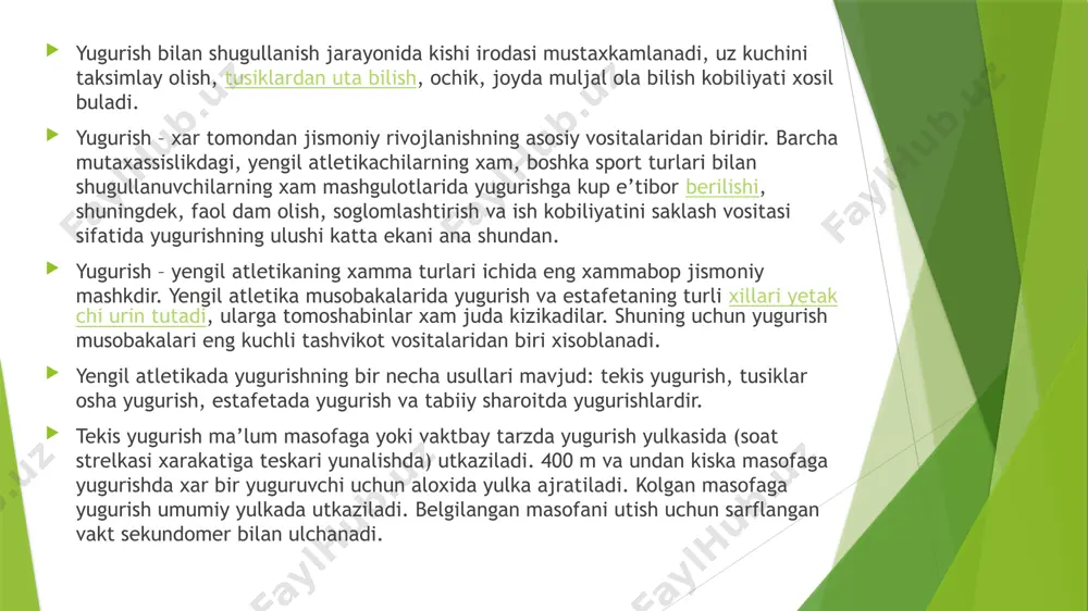 shtiradilar. musobakdlarda yurishning texnik jixatdan eng kiyin, lekin eng foydali xili sportcha yurish kullaniladi. uning tezligi oddiy yurishga nisbatan ikki marta ortik, ammo bunday tezlikka erishish uchun, sportcha yurish texnikasi asoslarini urganib olishning uzigina kifoya kilmay, balki oddiy yurishga karaganda anchagina intensiv ish bajarish talab kilinadi, ya’ni energiya sarflash ortadi. shu sababdan sportcha yurish bilan shugullanish sportchi organizmiga ancha ta’sir kursatadi. sport psixologiyasi fanining umumiy srukturasi quyidagi ko‗rinishga ega: sport psixologiyasi o‗rganishi zarur bo‗lgan masalalarni hal etish, sportchilarning har qanday masshtabdagi musobaqalarda g‘alabalarga erishishlarini, mahoratlarini tinmay oshirishlarini ta‘minlashga yordam beradi hamda xalqqa, vatanga, yurtga sadoqat ruhida tarbiyalashga qaratilgandir. sport psixoloyasi jismoniy mashq va musobaqalar sharoitida sportchi psixologik faoliyati qonuniyatlarining mexanizmini o‗rganadigan fandir. bu fan boshqa psixologiya sohalari bilan chambarchas bog‘liqdir. chunonchi, umumiy psixologiya, pedagogika, meditsina, ijtimoiy psixologiya va jimsoniy madaniyat nazariyasi asoslari bilan birgalikda ilmiy izlanishlar olib boradi. bu fan sportchilarning sportda yuqori natijalarga erishishlari yo‗lida xizmat qiladi. yengil atletika …