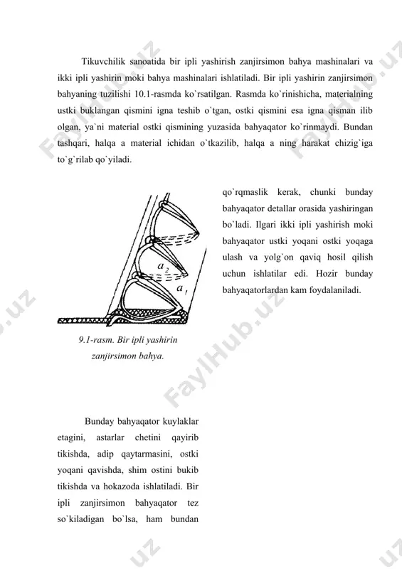 hosil bo`ladi, chalishtirgich 3 ning shoxchalari shu halqaga kiradi. igna 1 materiallardan chiqadi (9.2-rasm, v) chalishtirgich 3 esa o`ngdan chapga yoy bo`ylab harakatlanib igna halqasini kengaytiradi va uni ignaning harakat chizig`iga to`g`rilab qo`yadi. shu paytda reyka 4 pastga tushib materiallarni bir bahya bo`yi suradi, shunda bo`rttirgich materiallarni bo`rttirishdan to`xtaydi. kengaygan halqa chalishtirgichning yoy bo`ylab harakatlanishi, materiallar halqa chalishtirgichning yoy bo`ylab harakatlanishi, materiallar esa tikuvchidan nariga surilishi natijasida bahyaqatorga ko`ndalang turib qoladi. igna 1 yana o`ngga harakatlanib (9.2-rasm, g) chalishtirgich 3 shoxchalari orasidan o`tadi va o`zining birinchi halqasiga kiradi. chalishtirgich 3 tikuvchidan nariga harakatlanadi. igna 1 bo`rttirgich igna plastinasi o`yig`idan bo`rttirib chiqarilgan materiallarni teshib o`tadi (9.2-rasm, d). shunda oldingi bahya dastlabki marta tortiladi, shuningdek g`altakdan rezerv ip chuvatiladi. chalishtirgich 3 yoy bo`ylab chapdan o`ngga harakatlanadi (9.2-rasm, e). igna 1 o`ng chekka holatga qaytadi, chalishtirgich 3 esa tikuvchi tomonga harakatlanadi. igna 1 materiallardan chiqqan paytda bahya uzil-kesil tortiladi. shundan keyin jarayon takrorlanadi. …
