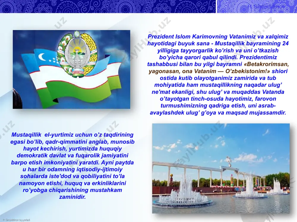 irgan. boshqacha qilib aytganda “uzoq yillar davomida bu tuzum faqat jamiyat unga zo`rlab bo`ysundirilgani uchungina emas, balki jamiyat zo`rlik yo`li bilan mafkuraviy qolipga moslashtirilgani u ham totalitar deb atalib kelindi. uchinchidan yangi vujudga kelgan mustaqil davlatlar ustidan hukmronlik qilishning mukammal mafkuraviy usullaridan vositalaridan foydalanishga tayyor turgan davlatlarining “g’oyaviy emonsipaciyasi”, “mafkuraviy agressiyasi” keng miqyosda hujum boshlashi bilan xarakterlanadi. milliy g’oyani xalq ishonchi hamda e`tiqodiga aylantirish vazifalari. mamlakatimizning bozor iqtisodiyoti ijtimoiy-siyosiy, ma`naviy hayotini erkinlashtirmoqda. ma`lumki, jamiyatni tashkil qilgan ijtimoiy-siyosiy qatlamlarning manfaatlaridagi xilma-xillik qonuniy tarzda ular o`rtasidagi manfaatlar xilma-xilligini namoyon etish bilan birga erkin va mushtarak maqsadlarni ham keltirib chiqaradi. jahondagi rivojlangan davlatlarning tarixiy tajribalari shu manfaatlar mushtarakligini o`z vaqtida, oqilona hal qilishning yo`llarini, vositalarini topish jamiyatning barqaror taraqqiyoti garovi ekanligini va aksincha, mamlakatlarning g’oyaviy ojizligi, noshudligi milliy parokandalikka g’oyaviy ojizligi, noshudligi, milliy parokandalikka olib kelib, xalqni qullikka mahkum qilishini qayta-qayta isbotlab bergan. ana shu holatni oldini olishda mamlakat ichida xalqning milliy g’oyaga …