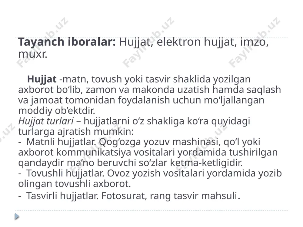 dan muhr o‘rnida ham foydalanish ham mumkin, bunda faqat va faqat hujjatga tegishli elektron raqamli imzo hujjatdagi barcha o‘zgarishlarni yoki o‘zgartirishlarni ko‘rsatib beradi. buning uchun elektron raqamli imzo yuridik shaxs nomiga, ya’ni kompaniya va tashkilotlar nomiga ruyxatdan o‘tkaziladi. elektron hujjatning rekvizitlari. elektron hujjatning rekvizitlari quyidagilardan iborat: elektron raqamli imzo; jo‘natuvchi yuridik shaxsning nomi yoki jo‘natuvchi jismoniy shaxsning familiyasi, ismi va otasining ismi; jo‘natuvchining pochta va elektron manzili; hujjat yaratilgan sana. qonun hujjatlari asosida yoki elektron hujjat aylanishi ishtirokchilarining kelishuvida boshqa rekvizitlar ham belgilanishi mumkin. elektron kalitlar va sertifikatlar. elektron raqamli imzoning yopiq kaliti - bu faqat hujjat muallifiga ma’lum bo‘lgan va elektron hujjatda elektron raqamli imzoni hosil qilish uchun mo‘ljallangan belgilar ketma-ketligi. elektron raqamli imzoning ochiq kaliti bu elektron hujjatning kim tomonidan yuborilganligini aniqlash va uni haqiqiyligini tasdiklashda qo‘llanilishi mo‘ljallangan belgilar ketma-ketligi. elektron sertifikatlar - bu sertifikatsiya tizimi qoidalariga binoan belgilangan talablarga ko‘ra elektron raqamli imzo vositalarining muvofiqligini tasdiqlash uchun …