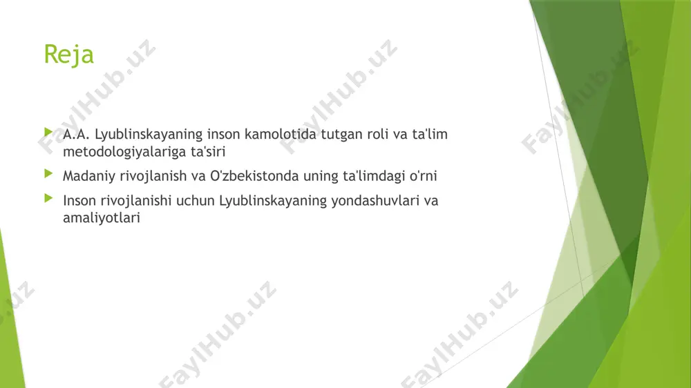 amaliy tajribalari pedagogik metodlarni real hayotga qo‘llashda muhim bo‘lib, u o‘quvchilarning mustaqil fikrlash va ijodkorlik qobiliyatlarini rivojlantirishga katta e'tibor bergan. 3 yondashuvlarning natijalari lyublinskayaning yondashuvlari insonning shaxsiy va ijtimoiy rivojlanishiga ijobiy ta’sir ko‘rsatib, madaniyat va ta'lim tizimlarida o‘zgarishlarni qo‘llab-quvvatlagan. lyublinskayaning ta'lim va madaniyatdagi o'rni: o'zbekiston misolida inson rivojlanishi uchun madaniyat va ta'lim muhim lyublinskaya o'zbekiston madaniyati va ta'lim tizimiga innovatsion yondashuvlarni joriy etib, inson kamoloti uchun mustahkam poydevor yaratdi. madaniyat va ta'lim o'rtasidagi bog'liqlik uning yondashuvlari orqali madaniyat va ta'lim o'rtasidagi muvofiqlik kuchayib, yoshlar ongida milliy qadriyatlar va insonparvarlik rivojlandi. o'zbekiston misolida amaliy natijalar lyublinskayaning metodologiyalari yordamida ta'lim va madaniyatda yangi imkoniyatlar paydo bo'ldi, milliy rivojlanishga katta hissa qo'shildi. a.a. lyublinskayaning madaniy rivojlanishga qo'shgan hissasi va ta'limda uning o'rni 1 madaniy rivojlanishdagi roli a.a. lyublinskaya madaniyat va ta'lim jarayonlarini integratsiya qilishga katta hissa qo'shdi, insonlarning ongini kengaytirib, madaniy qadriyatlarni mustahkamladi. 2 ta'limda innovatsiyalar uning pedagogik yondashuvlari yangi metodlarni joriy etishga …