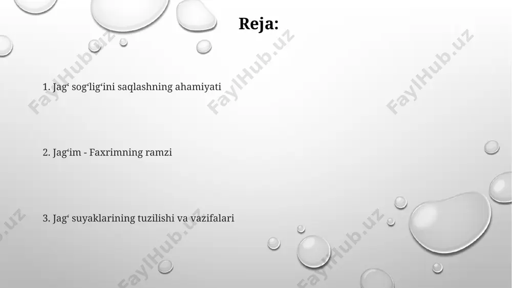 toʻliq tishlarni yuvish va kuniga kamida bir marta iplar bilan tozalash, kariyes xavfini 40% ga kamaytiradi. ogʻiz boʻshligʻining sogʻlom mikrobiomasi 700 dan ortiq bakteriya turlarini oʻz ichiga oladi, ularning muvozanati emalning yaxlitligini va umumiy ogʻiz salomatligini ta'minlaydi. toʻgʻri ovqatlanish toʻgʻri ovqatlanish jagʻ suyaklarining mineral zichligini, xususan, kaltsiy va fosfor miqdorini oshirishga yordam beradi, bu esa 30% gacha kuchliroq jagʻ suyaklarini shakllantirishga olib keladi. proteinlar, masalan, baliq va yongʻoqlardagi oqsillar, jagʻ suyaklarining oʻsishi va ta'mirlanishi uchun muhim boʻlib, kambagʻal ovqatlanish tufayli kelib chiqadigan yomonlashuv xavfini 15% ga kamaytiradi. kuniga kamida 5 marta meva va sabzavotlar iste'mol qilish, 2 litr suv ichish va minimal qayta ishlangan ovqatlar iste'mol qilish jagʻ sogʻligʻini yaxshilashga yordam beradi. jagʻ jarohatlari jagʻ suyagi singanida, 2-3 hafta davomida maxsus bintlar yordamida immobilizatsiya qilish kerak, shuningdek, ogʻriq qoldiruvchi va yalligʻlanishga qarshi dorilar buyuriladi. jagʻ jarohatlarini davolashda, skelet traksion yoki osteosintez kabi jarrohlik usullari qoʻllanilishi mumkin, bu esa tiklanish vaqtiga …