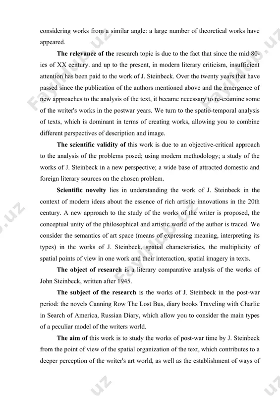 he author; ) to characterize the spatial images with which j. steinbeck constructs art space in the works of the post-war years; the following research methods of the material were used in the work : cultural-historical, comparative-historical, structural-literary. the theoretical significance of this study lies in the fact that its results can serve for a deeper study of the works of j. steinbeck, the history of american literature of the 20th century, and the study of the problem of the historical and cultural appearance of the american nation. the practical significance lies in the fact that the materials of this work can serve for further study in the modern literary criticism of the works of j. steinbeck. the results of the work can be applied in lecture courses on the history of american literature of the 20th century, special courses, and special seminars. hypothesis: the work of john steinbeck in …