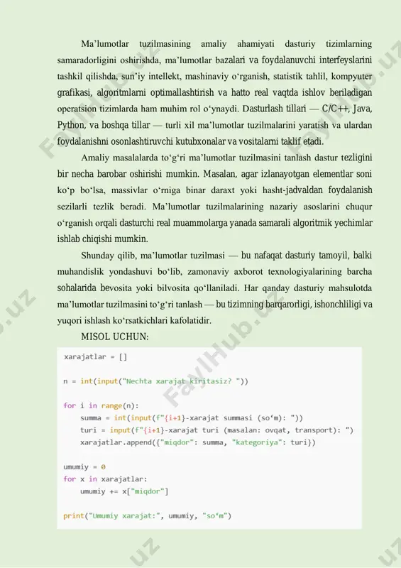 , marshrutlarni modellashda muhim o‘rin egallaydi. internet tarmog‘i, transport marshrutlari, ijtimoiy tarmoqlardagi foydalanuvchilar orasidagi bog‘lanishlar aynan graflar yordamida ifodalanadi. ma’lumotlar tuzilmasining amaliy ahamiyati dasturiy tizimlarning samaradorligini oshirishda, ma’lumotlar bazalari va foydalanuvchi interfeyslarini tashkil qilishda, sun’iy intellekt, mashinaviy o‘rganish, statistik tahlil, kompyuter grafikasi, algoritmlarni optimallashtirish va hatto real vaqtda ishlov beriladigan operatsion tizimlarda ham muhim rol o‘ynaydi. dasturlash tillari — c/c++, java, python, va boshqa tillar — turli xil ma’lumotlar tuzilmalarini yaratish va ulardan foydalanishni osonlashtiruvchi kutubxonalar va vositalarni taklif etadi. amaliy masalalarda to‘g‘ri ma’lumotlar tuzilmasini tanlash dastur tezligini bir necha barobar oshirishi mumkin. masalan, agar izlanayotgan elementlar soni ko‘p bo‘lsa, massivlar o‘rniga binar daraxt yoki hasht-jadvaldan foydalanish sezilarli tezlik beradi. ma’lumotlar tuzilmalarining nazariy asoslarini chuqur o‘rganish orqali dasturchi real muammolarga yanada samarali algoritmik yechimlar ishlab chiqishi mumkin. shunday qilib, ma’lumotlar tuzilmasi — bu nafaqat dasturiy tamoyil, balki muhandislik yondashuvi bo‘lib, zamonaviy axborot texnologiyalarining barcha sohalarida bevosita yoki bilvosita qo‘llaniladi. har …