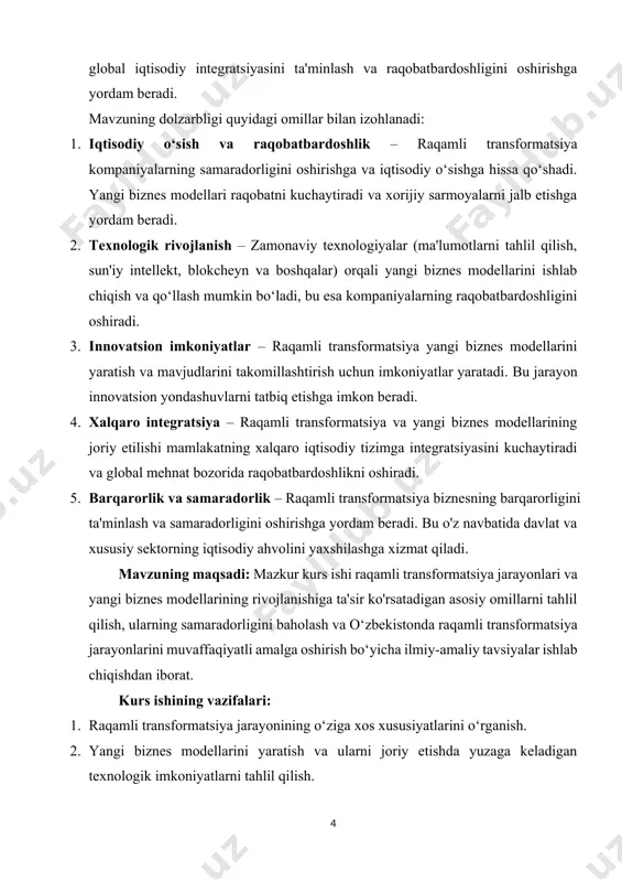 mos keluvchi jihatlarini aniqlash. 6. raqamli transformatsiya va biznes modellari rivojlanishiga oid ilmiy-amaliy tavsiyalar ishlab chiqish. kurs ishining obyekti: raqamli transformatsiya jarayoni va biznes modellarining rivojlanishiga qaratilgan iqtisodiy islohotlar. tadqiqot doirasida yangi texnologiyalarning joriy etilishi, biznes modellarining evolyutsiyasi, innovatsion yondashuvlar va mamlakatda raqamli transformatsiyaning rivojlanishiga ta'sir etuvchi omillar o‘rganiladi. kurs ishining predmeti: o‘zbekistonda raqamli transformatsiya va yangi biznes modellarini rivojlantirish jarayoni, bu jarayonning samaradorligi va kompaniyalar faoliyatidagi o‘zgarishlarni tahlil qilish, shuningdek, raqamli transformatsiyani muvaffaqiyatli amalga oshirish bo‘yicha taklif etilgan usullar va strategiyalar. i bob. raqamli transformatsiyaning nazariy asoslari 1.raqamlashtirish tushunchalari va ularga yondashuvlar ushbu bo‘limda “raqamli” tushunchasi va raqamli transformat- siyaning qisqacha kelib chiqishini ko‘rib chiqamiz. bundan tashqari, biz elektronlashtirish va raqamlashtirish o‘rtasidagi farqni o‘rganamiz. va nihoyat, biznes jarayonlarini qayta qurish va raqamli transformatsiyalar o‘rtasidagi o‘xshashlik va farqlarni ko'rib chiqamiz hamda raqamli transformatsiyanmg kelajagiga nazar tashlaymiz. “raqamli” tushunchasi nima? biznes modellarining raqamli transformatsiyasini o‘rganishdan oldin, raqamli transformatsiyadagi "raqamli" termini nimani …