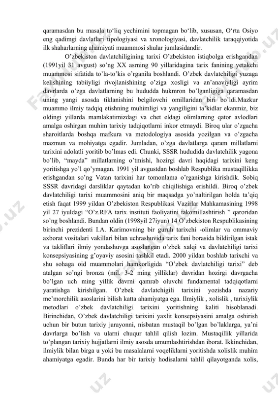 ik shovinizm va kommunistik mafkura tarkibi bois yetarlicha o’rganilmadi.bu masalaga doir ma’lumotlar ham xalqdan yashirib kelindi. davlatning dastlabki bosqichlarini o‘rganishda zardo‘shtiylarning muqaddas diniy kitobi avestoning ahamiyati beqiyosdir. olimlarning e’tirof etishlaricha, avesto sharq xalqlari qadimgi davrini tadqiq etishda hozircha muhim manba bo‘lib,u o‘zining bu ahamiyatini bundan buyon ham saqlab qoladi. bu kitob dastavval, 12 e’tiqodlar, tillar va dinlar, bir so‘z bilan aytganda, ma’naviy hayot rivojlanishi bosqichlari haqidagi ilk to‘plam hisoblanadi. ta’kidlash lozimki, bu jarayonlar davlatchilik va iqtisodiy rivojlanishning umumiy doirasida bo‘lib o‘tgan. avesto davri turli qabila va elatlar, jamoalar e’tiqodlarining mukammal jahon dini darajasidagi din bilan almashayotgan davr edi. shuningdek, bu davr tub iqtisodiy o‘zgarishlar va ishlab chiqarishda sifatiy olg‘a siljishlar davri bo‘lganligi bilan ham izohlanadi-ki, bu holat ierarxik tuzumga ega bo‘lgan davlatchilik hamda urbanizatsiyaning yangi bosqichga ko‘tarilishiga, kasbiy hunarmandchilik, birinchi galda, metallurgiyaning rivojlanishiga keng imkoniyatlar yaratgan edi. mis, bronza keyinroq esa temirning paydo bo‘lishi ishlab chiqarishdagi katta o‘zgarishlarga,jumladan, hunarmandchilikning maxsus …