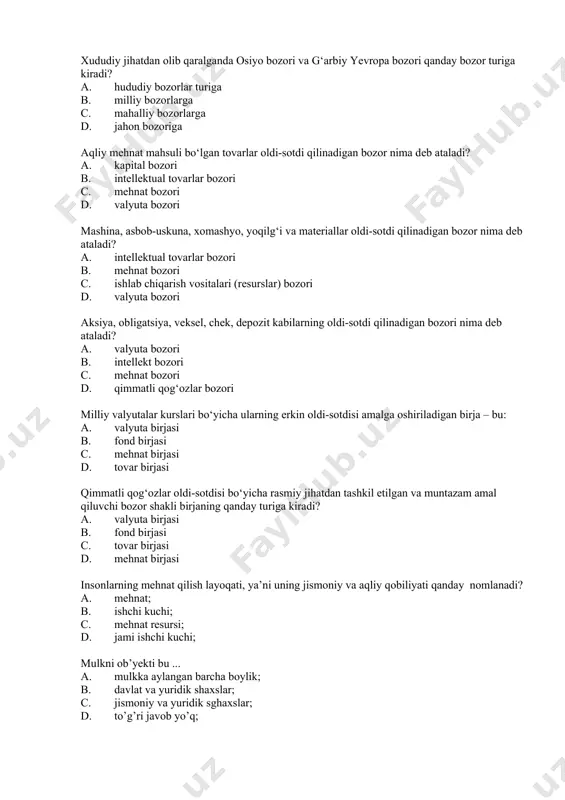 adi? a. valyuta birjasi b. fond birjasi c. tovar birjasi d. mеhnat birjasi insonlarning mehnat qilish layoqati, ya’ni uning jismoniy va aqliy qobiliyati qanday nomlanadi? a. mehnat; b. ishchi kuchi; c. mehnat resursi; d. jami ishchi kuchi; mulkni ob’yekti bu ... a. mulkka aylangan barcha boylik; b. davlat va yuridik shaxslar; c. jismoniy va yuridik sghaxslar; d. to’g’ri javob yo’q; talab- bu… a. bozorga sotishga chiqarilgan mahsulotlar miqdori b. tovar qiymatining puldagi ifodasi c. pul bilan ta’minlangan ehtiyoj d. ehtiyoj talab qonuni- bu… a. narx oshgan sari talab ham oshadi va aksincha b. narx oshgan sari talab kamayadi va aksincha c. narxning pasayishi bilan talab kamayadi d. narxning o‘zgarishi talabga ta’sir etmaydi taklif qonuni- bu… a. narx oshishi bilan taklif ham oshadi va aksincha b. narx oshishi bilan taklif kamayadi va aksincha c. narx pasayishi bilan taklif oshadi va aksincha d. narxning o‘zgarishi taklifga hech kanday ta’sir etmaydi taklifga quyidagi …