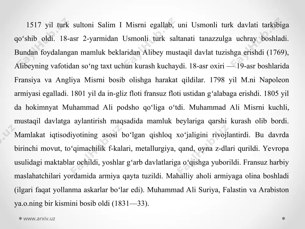 orasida ikki oqim — najib boshchiligidagi eski demokratiya va j. a. nosir rahbarligidagi inqilobiy demokratiya tarafdorlari paydo boʻldi. zidsiyat keskinlashib, natijada najib hukumatdan chetlatildi, jamol abdul nosir bosh vazir boʻlib qoldi (1954). angliya — m. shartnomasi (1954)gamuvofiq, 1956 yil 18 iyunda oxirgi ingliz askari m.dan chiqib ketdi. m.ning siyosiy suvereniteti tiklandi. 1956 yil 23 iyunda m. respublikasining konstitutsiyasi qabul qilindi va jamol abdul nosir prezident etib saylandi. prezident suvaysh kanali kompaniyasi davlat ixtiyoriga olinganligini eʼlon qildi. shunday qilib, iqtisodiy taraqqiyot dasturini mablagʻ bilan taʼminlashning muxim manbai qoʻlga kiritildi. shundan keyin m.ga qarshi angliya—fransiya —isroil tajovuzi boshlandi. xalq bosqinchilarga qarshi qoʻzgʻaldi. tinchliksevar xalqlarning talabi bilan ingliz, fransuz (1956 yil dek.) hamda isroil (1957 yil mart) armiyasi m.dan chiqib ketishga majbur boʻldi. www.arxiv.uz www.arxiv.uz 1958 yil 1 fev.da m. va suriya hukumatlarining oʻzaro kelishuvi natijasida yangi unitar (birlashgan) davlat — birlashgan arab respublikasi (bar) tuzildi. suriyada 1961 yil 28 sentabrda davlat toʻntarishi …