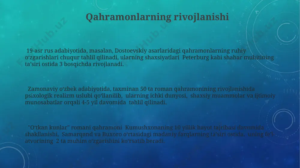 i. "alpomish" dostonidagi 12 ta jang sahnalari orqali qahramonning jasorati, qahramonlik fazilatlari va o'rta osiyo geografiyasi tasvirlanadi. adabiy qahramonlarning ta'siri adabiyot qahramonlari, masalan, “o‘tkan kunlar”dagi kumush singari, 19-asr o‘zbekistonining ijtimoiy-madaniy muhitini aks ettirib, milliy qadriyatlarga bo‘lgan munosabatni shakllantirishga ta'sir ko‘rsatgan. dunyo adabiyotida 20 dan ortiq tilga tarjima qilingan "kichik shahzoda" qahramonining soddaligi va falsafiy chuqurligi butun dunyo bo‘ylab millionlab o‘quvchilarning axloqiy qarashlariga ta'sir o‘tkazgan. “hamlet” tragediyasidagi shahzoda gamlet obrazi, xvi asr daniyasi fonida, insoniy tabiatning murakkabligi va insonning ichki qarama-qarshiliklarini anglashga sezilarli ta'sir ko‘rsatgan. e'tiboringiz uchun rahmat @taqdimot_robot image3.png