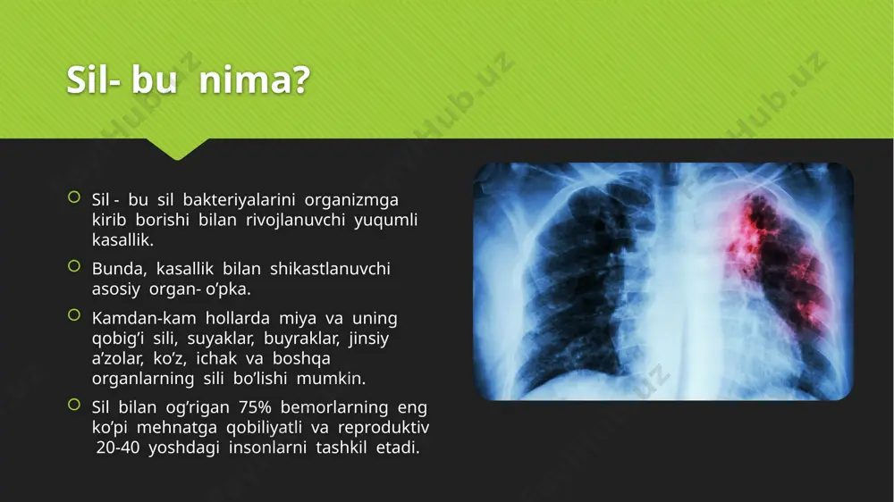 ofilaktikasi sil profilaktikasida bolalarni btsj vaksinasi bilan immunizatsiyalash eng muhim rolni o’ynaydi. tuberkulin sinamasini qo’llash bilan profilaktik tekshiruvlar: mantu sinamasini qo’yish, flyuorografik tekshiruvlar, kasallikni erta bosqichlarida aniqlash imkonini beradi. kasallikni erta aniqlash maqsadida har yilgi asosda flyuorografik tekshirishdan o’tish tavsiya qilinadi. silni o’z vaqtida aniqlash, davolash va tartib bo’yicha shifokorning tavsiyalarini aniq bajarish, davolasa bo’ladigan kasallik ekanligini yodda saqlash muhim. qanchalik kasallik barvaqt aniqlansa, kasalning organizmiga shunchalik kam shikastlanishlar yetkaziladi. qanchalik u tezroq va to’laroq davolansa, shunchalik atrofdagi insonlarga infeksiyani tarqatib yuborish xavfi kamroq bo’ladi. silning oldini olish uchun har bir inson quyidagilarni bilishi kerak: sport bilan shug’ullanishi, sog’lom turmush tarzini olib borishi; to’g’ri ovqatlanishi –sog’lom, vitaminlarga boy oziq-ovqat mahsulotlarini iste’mol qilishi; shaxsiy gigiena qoidalariga rioya etishi; alkogol, chekish va har qanday toksik moddalarni iste’mol qilishni bekor qilishi; kasallik qanday rivojlanadi? o’pka to’qimasi sil bakteriyalarining ko’payishi uchun qulay muhitdir. sil bakteriyalari o’pkalarga tushganda ko’payishni boshlaydi va yallig’lanish paydo bo’ladi. o’pkalarda …