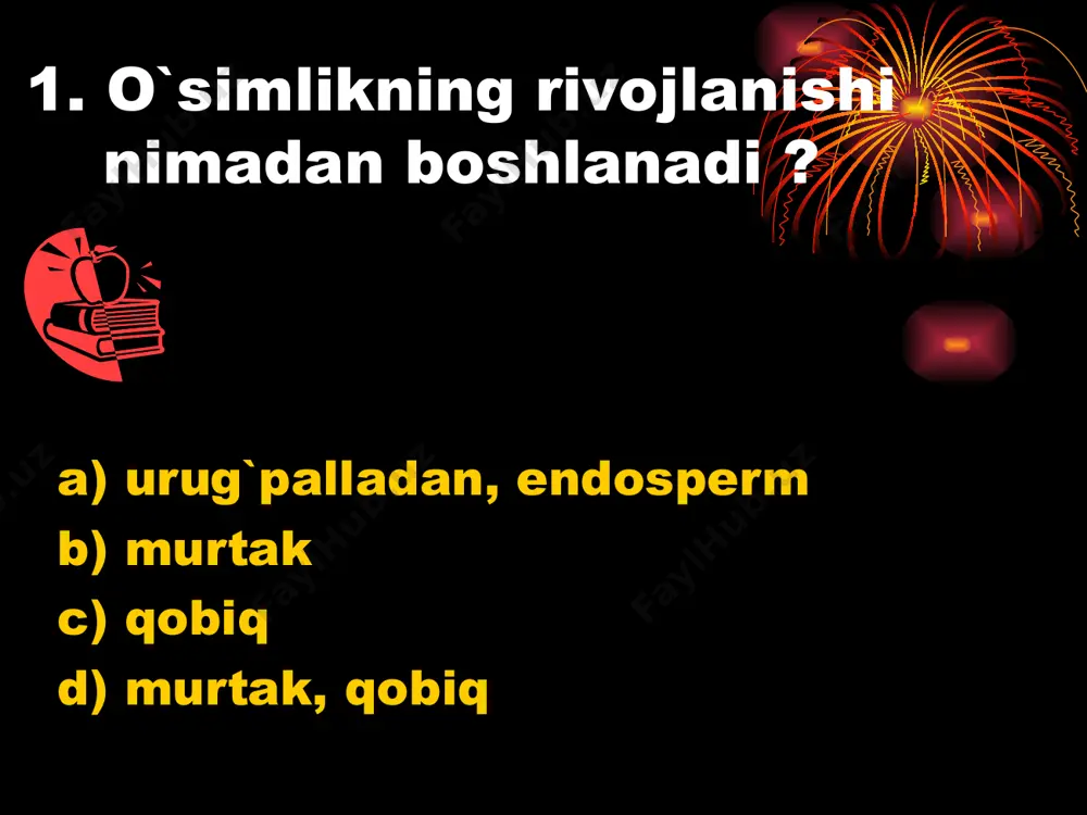 tak 14.haqiqiy mevalar berilgan javobni belgilang. a) olvoli, o’rik b) olma, qovoq c) olma yong’oq d) qimizak, olma 15. chatnaydigan mevalar guruhini aniqlang . 1 turp 2 rediska 3 bug`doy 4 suli 5 jag` - jag` 6 mosh 7 makkajo`xori a) 1.2.5 b) 1.3.6 c) 1.5.7 d) 2.3.4 16. qo’zoq mevaning tuzilishidagi hususiyatni aniqlang. a) chetlari bir – biriga qo`shilib o`sgan meva bargchalar orasida to`siq bo`ladi b) chetlari bir – biriga qo`shilib o`sgan meva bargchalar orasida to`siq bo`lmaydi c) mevasida qanotchalari bo`ladi d) bir tutam tuklari bo`ladi 17. urug’ida kraxmal ko`p bo`lgan o`simliklar guruhini aniqlang. 1 bug`doy 2 makkajo`xori 3 loviya 4 mosh 5 kungaboqar 6 no`xat 7 g`o`za 8 yong`oq 9. sholi a) 1.2.8 b) 1.2.9 c) 1.2.7 d) 1.3.5 18. urug`pallasi o`simta bilan yer yuzasiga ko`tarilib chiqmaydigan o`simliklarni aniqlang. 1 loviya 2 bug`doy 3 arpa 4 yong`oq 5 o`rik 6 oqso`ta 7 olcha 8 g`o`za a) 1.4.5 b) …