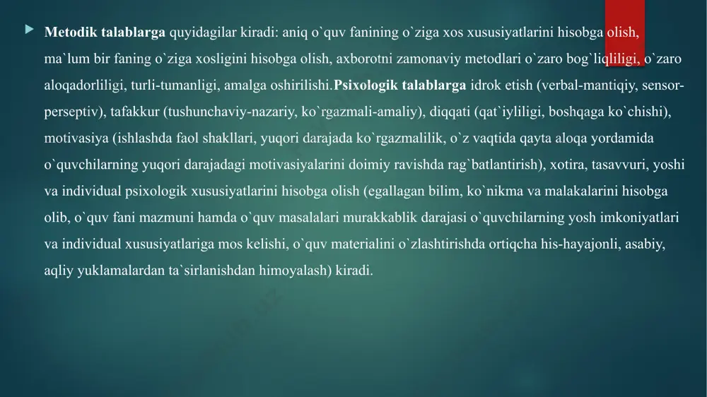 adi. mualliflik dasturiy ta`minoti — kompyuter texnologiyalari yordamida o`quv jarayonini qisman yoki to`liq avtomatlashtirish uchun mo`ljallangan dasturiy vosita hisoblanadi. ular ta`lim jarayoni samaradorligini oshirishning istiqbolli shakllaridan biri hisoblanib, zamonaviy texnologiyalarning o`qitish vosi­tasi sifatida qo`llaniladi. mualliflik dasturiy ta`minotlar yordamida elektron darsliklar yaratish juda qulay. elektron darsliklar, kompyuter texnologiyalaridan foydalangan holda eng muhim tushuncha va qonuniyatlarni tushunish hamda yodda saqlashni maksimal darajada yengillashtiradi. quyida mualliflik dasturiy ta`minotlarining imkoniyatlari haqida fikr yuritiladi. image2.png image3.png image4.png image5.png /docprops/thumbnail.jpeg