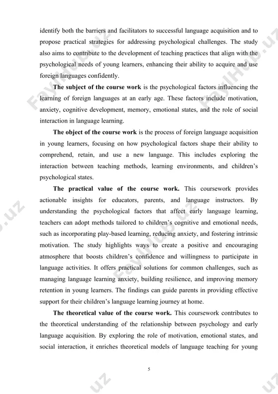 es from psychology, linguistics, and education to develop a holistic understanding of language learning processes. the study identifies gaps in current knowledge, paving the way for further investigations into the cognitive and emotional dimensions of early language learning. it deepens scientific knowledge of how early childhood psychology intersects with language learning, offering valuable insights for developmental psychologists and educators. the structure of the course work. the course work consists of introduction, 2 chapters, conclusion and list of used literature as well as the internet recourses. introduction has general information about the problem, reveals the aim, duties, methods of the work. each chapter consists of smaller parts and paragraphs and contains important information and salvation of the pointed duties of the work. chapter i. significance of psychological factors in foreign language learning 1.1. relevance of studying psychological factors in early foreign language learning the study of psychological factors in early foreign …