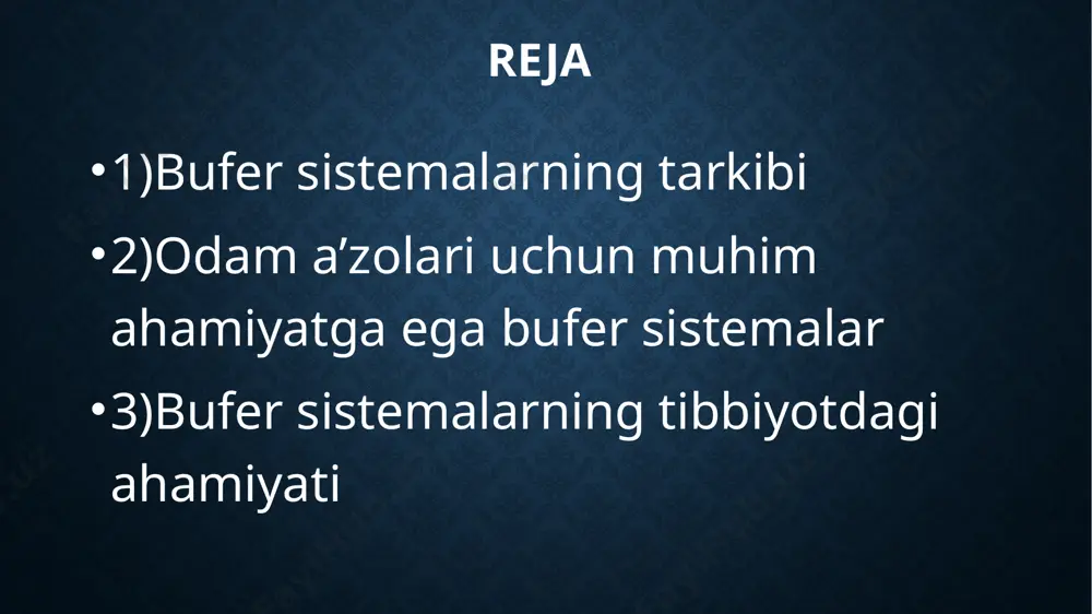 onsentratsiyasiga teng deb qabul qilamiz . [ch3cooh]=c kislota eritmada ch3coona yaxshi ionlangani uchun barcha ch3coo- ionlari tuzning ionlanishidan hosil bo’ladi . bu ionlarning konsentratsiyasi tuzning umumiy konsentratsiyasiga teng deb qarash mumkin, ya’ni c kislota [ch3coo-]=c tuz u holda [h]=k ------—--------- c tuz bufer sistemalarning ta’sir mexanizmi bufer sistemalarning vodorod ionlarining konsentratsiyasi va eritma ph ini doimiy saqlab turish hususiyati buffer ta’siri mehanizimi deyiladi. atsetatli buferga xlorid kislota qo’shilganda hcl aralashmadagi tarkibiy qismlarning biri (ch3coona) bilan reaksiyaga kirishadi (ch3coo-)+(na+) + (h+) +(cl-) (na+)+ (cl-) +ch3cooh tenglamada ko’rinib turganidek, kuchli kislota ekvivalent miqdordagi kuchsiz kislota bilan almashtiriladi. ostvaldning suyultirish qonuniga muvofiq , sirka kislota konsetratsiyasining ortishi bilan uning dissotsiyalanish darajasi pasayadi , buning natijasida esa h+ ionlaring konsentratsiyasi kam o’zgaradi . bufer ertmaga ishqor qo’shilganda vododrod ionlaring konsentratsiyasi va ph ham kam o’zgaradi. bufer sig’imi bufer eritmalarning ph qiymatini saqlab turish imkoniyati cheksiz emas . ular ma’lum bir miqdor kislota yoki asos …