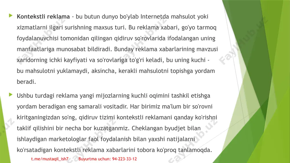 babga foyda keltirmaydi, aksincha, korxonani orqaga tashlaydi. t.me/mustaqil_ish7 buyurtma uchun: 94-223-33-12 t.me/mustaqil_ish7 buyurtma uchun: 94-223-33-12 qidiruv tizimlarida reklama berilgan xabarning foydalanuvchi talabiga muvofiqligi yuz foizni tashkil etadi. kompaniyalar ko'rsatmoqchi bo'lgan hamma narsani ko'rishingiz uchun, reklama xabarlarini joylashtirish uchun javobgar bo'lgan qidiruv tizimlarining reklama tarmoqlari bilan shartnomalar tuziladi. biz rossiyadagi mashhur yandex, internet giganti google va boshqalar haqida gapiramiz. qidiruv natijalari sahifasida kontekstli reklama joylashtirish narxi xabar joylashtirilgan sahifaning ma'lum bir qismining obro'siga qarab o'zgaradi. obro'-e'tibor ko'tarilish samaradorligi, boshqacha aytganda, ko'rinish bilan belgilanadi. bu joy qanchalik kam ko'rinadigan bo'lsa, xarajat shunchalik past bo'ladi, shuningdek, ta'sir samaradorligi. t.me/mustaqil_ish7 buyurtma uchun: 94-223-33-12 odatda, kontekstli reklamalar qidiruv natijalari sahifasining ochiladigan quyidagi qismlariga joylashtiriladi. yuqori qismda xuddi qidiruv so'roviga kiritilgandek. ushbu namoyish usuli deyiladi maxsus turar joy". lavozim eng foydali deb hisoblanadi, chunki dastlab foydalanuvchi qidiruv so'rovlarining standart chiqarilishiga emas, balki reklamaga e'tibor beradi va, ehtimol, yuqori havolalarga amal qiladi. sahifaning o'ng tomonida, deb atalmish …