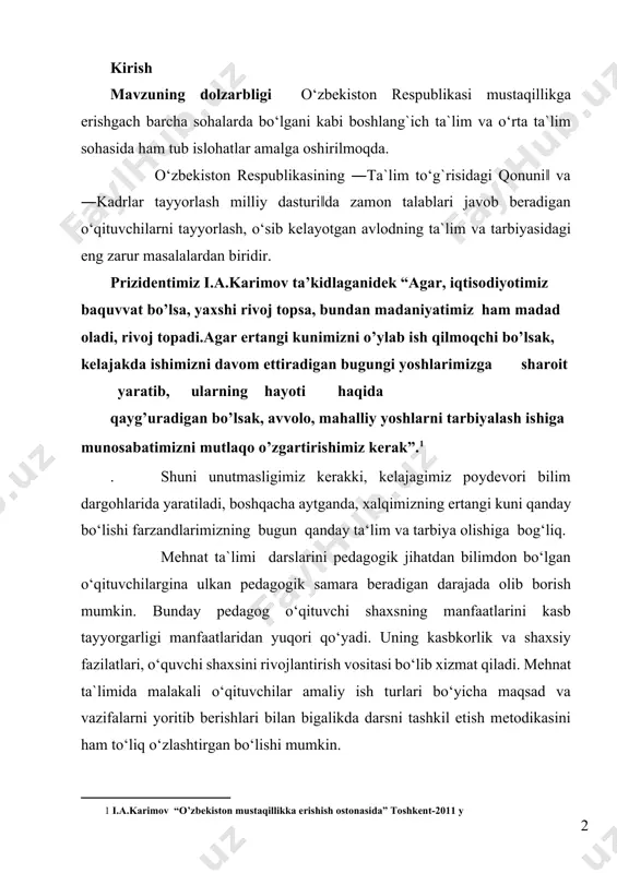 kent-2011 y ] . shuni unutmasligimiz kerakki, kelajagimiz poydevori bilim dargohlarida yaratiladi, boshqacha aytganda, xalqimizning ertangi kuni qanday bo‘lishi farzandlarimizning bugun qanday ta‘lim va tarbiya olishiga bog‘liq. mehnat ta`limi darslarini pedagogik jihatdan bilimdon bo‘lgan o‘qituvchilargina ulkan pedagogik samara beradigan darajada olib borish mumkin. bunday pedagog o‘qituvchi shaxsning manfaatlarini kasb tayyorgarligi manfaatlaridan yuqori qo‘yadi. uning kasbkorlik va shaxsiy fazilatlari, o‘quvchi shaxsini rivojlantirish vositasi bo‘lib xizmat qiladi. mehnat ta`limida malakali o‘qituvchilar amaliy ish turlari bo‘yicha maqsad va vazifalarni yoritib berishlari bilan bigalikda darsni tashkil etish metodikasini ham to‘liq o‘zlashtirgan bo‘lishi mumkin. boshlang`ich sinf mehnat ta`limida qog`oz bilan ishlash darslarini tashkil etish ularning qiziqishlari, moyilliklari va imkoniyatlariga hisobga olgan holda qo‘l mehnati asosida tashkil etiladi. mehnat ta`limi darslarida o‘quvchilarda ushbu yosh uchun bilim, mehnat, ahloqiy, estetik, iqtisodiy, ekologik va aqliy imkoniyatlarini aniq mehnat jarayonlarida rivojlantirishga qaratilgan, natijada ularni mehnatga tayyorlashni keyingi sinflarda davom etilishi uchun zarur aloqadorlik hosil qilinadi. boshlang`ich sinflarda mehnat ta`limi …