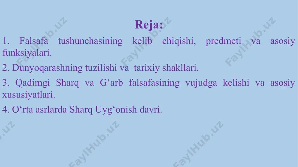 honch, ishonmoq degan ma’nolarni anglatadi.) mif kabi, din zamirida ham e’tiqod, tuyg‘ular va emotsiyalar yotadi. garchi din kurtaklari “aqlli odam” dunyoqarashi shakllanishining dastlabki bosqichlarida, ya’ni taxminan 40-60 ming yil muqaddam paydo bo‘lgan bo‘lsa-da, umuman olganda u dunyoqarashning mustaqil shakli sifatida keyinroq, jumladan mif ta’sirida insonning mavhum fikrlash qobiliyati sezilarli darajada kuchaygan davrda vujudga kelgan. diniy dunyoqarash odamlarning g‘ayritabiiy narsalar (xudolar, “oliy aql”, qandaydir absolyut va sh.k.)ga bo‘lgan e’tiqodiga asoslanuvchi tegishli xulq-atvori va o‘ziga xos harakatlaridir. agar mifologiyada an’anaga, rivoyat qiluvchining, ya’ni oqsoqolning obro‘siga e’tiqod kuchli bo‘lsa, dinda g‘ayritabiiy narsalarga e’tiqod birinchi o‘rinda turadi, oliy kuchlar nomidan rivoyat qiluvchi ruhoniylar obro‘si esa ikkinchi darajali rol o‘ynaydi. falsafiy dunyoqarash. miloddan avvalgi vii-vi asrlarga kelib asosan mif va din ta’sirida odamlar dunyoqarashi nafaqat kengaydi, balki ancha murakkablashdi. u mavhum nazariy fikrlash qobiliyati va (to‘plangan bilimlar ko‘rinishida) real asoslarga ega bo‘lishi natijasida o‘z rivojlanishining butunlay yangi darajasiga ko‘tarildi. bunga, hech shubhasiz, mehnat taqsimotiga olib …