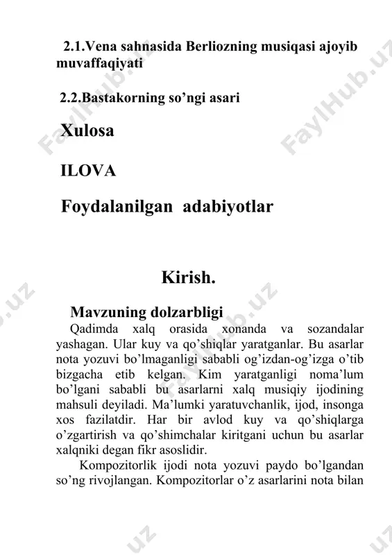 am xalq ma’naviy taraqqiyotining ko’zgusi hisoblanadi. musiqa san’ati asarlarida xalqning hayoti, turli davrlardagi ijtimoiy turmushi, urf-odatlari, din-diyonati, aхloqi haqidagi qarashlar o’z aksini topgan. 1. bob . g. berlioz ijodiga xarakteristika. gektor berlioz xix asrda yashab ijod qilgan mashhur frantsuz kompozitoridir. uning ijodi musiqa san’atining rivojlanishiga salmoqli hissa qo’shgan. berlioz kompozitor bo’lishi bilan birga juda kuchli dirijyor, iste’dodli yozuvchi va musiqiy tanqidchi ham edi. uning musiqiy ijodi romantizm oqimiga mansub. u musiqa san’ati tarixida birinchi bo’lib aniq dastur asosida simfoniya asarini yaratdi. shuning uchun uni dasturli simfonizmning asoschisi deb atashadi. berlioz turli janrlarda asarlar yozgan. ayniqsa simfoniya va opera janrlariga katta e’tibor bergan. kompozitorning har bir asarida romantizm oqimiga xos bo’lgan xususiyatlarni uchratish mumkin. bu asarlarda insonning ichki dunyosi musiqa vositasida mahorat bilan tasvirlab berilgan. berlioz o’z davrining eng yirik dirijyorlaridan biri bo’lgani uchun orkestrning ijro xususiyatlarini juda chuqur bilgan. bu narsa uning simfonik asarlarida aniq kurinib turadi. ularda betxovenning ta’siri …