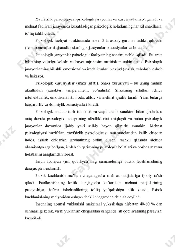 alariga ijobiy ta’sir qiladi. faollashishning kritik darajagacha ko’tarilishi mehnat natijalarining pasayishiga, ba’zan ishchanlikning to’liq yo’qolishiga olib keladi. psixik kuchlanishning me’yoridan oshgan shakli chegaradan chiqish deyiladi insonning normal yuklanishi maksimal yuksalishga nisbatan 40-60 % dan oshmasligi kerak, ya’ni yuklanish chegaradan oshganda ish qobiliyatining pasayishi kuzatiladi. psixik kuchlanishning chegaradan chiqqan shakllari psixik faoliyatning har xil tarkibiy qismlarga ajralishiga, (dezintegratsiyalanishiga) birinchi navbatda insonga xos yakka psixik ish qobiliyati darajasining pasayishiga olib keladi. psixik kuchlanishning juda aniq ifodalangan shakllarida harakat koordinatsiyasi va chaqqonligi yo’qoladi, balki harakatning samarasiz shakllari va boshqa salbiy holatlar paydo bo’ladi. ishchilarning hatti–harakatini to’g’ri tashkil qilishda, ishlab chiqarishda yaxshi psixologik sharoitlarni yaratishda mehnat psixofiziologiyasi ish xavfsizligi tajribasi, hamda alohida mehnat xavfsizligi psixologiyasi katta ahamiyatga egadir. bu muammolar haligacha bizning milliy adabiyotlarimizda yoritilmagan. shuning uchun bu masalalarga to’liq to’xtalib o’tamiz. ishlovchilarning baxtsiz hodisalar xavfi ostida qolishini kuchaytiruvchi omillar ikkita katta guruhga bo’linishi mumkin: ishchilarning xavf ostida qolishini barqaror kuchaytiruvchi omillar va ishlovchilarning …