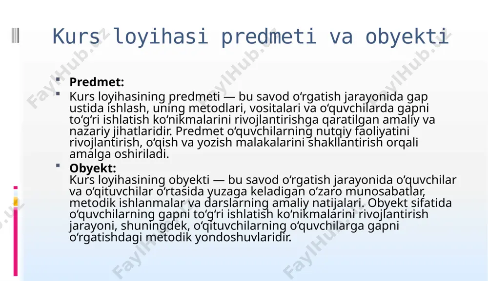 tatbiq etadilar. darslik materiallarini tahlil qilish matematika o‘qitish metodikasida darslik materiallarini tahlil qilish muhim o‘rin tutadi. bu jarayon o‘qituvchiga o‘quvchilarga qanday yondashuvlar, mashqlar va misollarni berish kerakligini aniqlash imkonini beradi. tahlil qilish o‘qituvchi darslikning har bir bo‘limi va mavzulari bo‘yicha o‘quvchilarga qanday yondashish kerakligini ko‘rsatadi. loyiha mazmuni savod o‘rgatish jarayonida gap ustida ishlash, o‘quvchilarga nafaqat o‘qish va yozishni o‘rgatish, balki nutqiy ko‘nikmalarni rivojlantirishni ham o‘z ichiga oladi. bu jarayon tilning grammatik, sintaksis va stilistik jihatlarini to‘g‘ri o‘rgatishga yordam beradi tanlangan mavzuning o‘quv jarayonidagi ahamiyati. savod o‘rgatish jarayonida gap ustida ishlash uchun o‘quv materiallarini tanlashda quyidagi yondoshuvlar qo‘llaniladi: darslik va qo‘llanma materiallari: o‘quvchilarga mos keladigan darsliklar va qo‘llanmalar tanlanadi, ular o‘quvchilarning ehtiyojlarini hisobga olgan holda, tilni to‘g‘ri ishlatishning asosiy tamoyillarini o‘rgatadi. mavzu bo‘yicha o‘quv materiallarini tanlash va ishlab chiqish usullari. savod o‘rgatishda o‘quvchilar bilan ishlashda quyidagi metodlar va texnologiyalar qo‘llaniladi: faol o‘qitish usullari: o‘quvchilarni dars jarayoniga faol jalb qilishga qaratilgan metodlar …