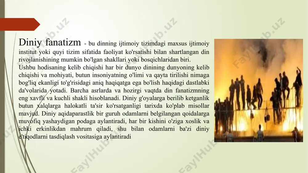 mlarda uchratish mumkin. masalan, mutaxassislar katolik cherkovining erkin fikr yurituvchi, hukmron feodal- fundamentalizm – (lotincha – «asos») tushunchasining ma’nosi muayyan ijtimoiy hodisaning dastlabki ko‘rinishini anglatadi. diniy fundamentalizm – «ma’lum din vujudga kelgan ilk davriga qaytish va bu yo‘l bilan zamonaning barcha muammolarini hal qilish mumkin», degan fikrni ilgari surish ta’limotini anglatadi. istilohda aqidaning o‘zgarmasligini himoya qiladigan, muayyan diniy e’tiqod shakllanishining boshlang‘ich davrida belgilangan barcha yo‘l-yo‘riqlarni qat’iy va og‘ishmay bajarilishini talab qiladigan diniy oqimlarni ifodalashda qo‘llaniladi. «fundamentalizm» atamasi aslida xristian dini bilan bog‘liqdir. fundamentalizm iborasi birinchi bor i jahon urushi arafasida vujudga kelgan protestantlikdagi ortodoksal oqimlarni ifodalash uchun ishlatilgan. bu oqim 1910 yildan keyin shu nom bilan atala boshlagan. fundamentalistlar xristianlikning an’anaviy aqidalariga, ayniqsa bibliyaning mutlaqo mukammalligiga ishonishni mustahkamlash, uni so‘zma-so‘z sharhlashga qat’iy rioya qilishni talab qildilar. bu oqim keyinchalik amerikada keng tarqalib ketdi. 1919 yili filadelfiyada jahon xristian fundamentalistlari assotsiatsiyasiga asos solindi. xx asrning 70-yillaridan boshlab, bu so‘z islomga nisbatan …