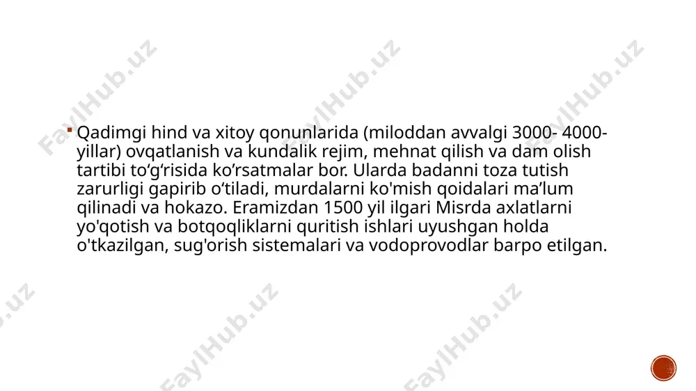 imni ular gigiyena fani orqali egallaydilar. xulosa gigiyena fanining ahamiyati: salomatlikni saqlash va kasalliklarni oldini olishdagi roli. • ijtimoiy mas'uliyat: har bir insonning gigiyena qoidalariga rioya qilish zarurati. adabiyotlar oʻzme. birinchi jild. toshkent, 2000. mahmudova n. m., ijtimoiy gigiyenadan qoʻllanma, toshkent, 1993. otaboyev sh. t., iskanderov t. i., kommunal gigiyena, toshkent, 1993. image4.png image3.png image5.png image6.png image7.png image8.png image9.png image2.png /docprops/thumbnail.jpeg
