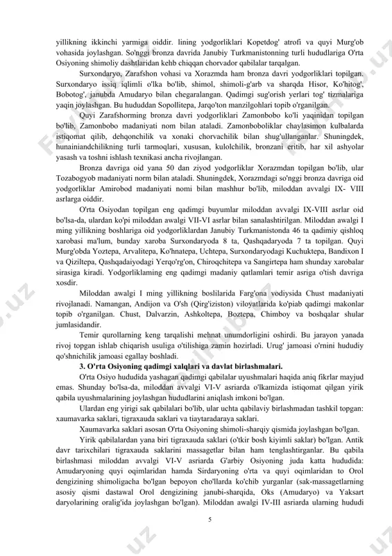 a g'arbda joylashgan. наг ikki gor - makondan topilgan ashyolarga asoslanib, haydarkon - so'x vohasidagi mezolit davrining ibtidoiy qabilalari baliqchilik, ovchilik va termachilikbtian shug'ullangan, deyish mumkin. mezolit davriga kelib yer yuzidagi ulkan muzliklarning chekinishi natijasida iqlim o'zgardi va u hozirgi davrdagiga ancha o'xshab qolgan edi. muzlikning chekinishi o'rta osiyoda haroratning ko'tarilishiga hamda hayvonot va o'simlik dunyosida ham o'zgarishlar yuz berishiga olib keldi. bu davrda odamlar o'q-yoyni kashf etdilar. eng katta yutuqlardan yana biri yowoyi hayvonlar - it, qo'y, echki kabilarning qo'lga o'rgatila boshlanib, xonakilashtirilishidir. mezolit davriga kelib o'rta osiyoning ba'zi joylarida termachilikdan dehqonchilikka va ovchilikdan chorvachilikka o'tishning ilk kurtaklari paydo bo'la boshladi. o'rta osiyo tarixida neolit davrining (yangi tosh asri) yuqori chegarasi miloddan awalgi vii, quyi chegarasi v-iii ming yilliklar bilan belgilanadi. bu davr o'rta osiyoda uchta: joytun, kaltaminor va hisor madaniyatlarining rivojlanishi bilan izohlanadi. joytun makoni turkmanistonning ashxobod shahridan 25 km. shimoldagi tepalikda joylashgan bo'lib, bir necha uydan tashkil …