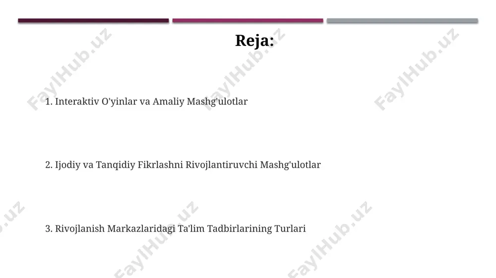 орий этилди. o'yin orqali o'rganish o'yin orqali o'rganish, masalan, 5-7 yoshli bolalar uchun toshkentdagi rivojlanish markazlarida qo'llaniladigan "rangli bloklar" o'yini, fazoviy fikrlash va muammolarni yechish ko'nikmalarini rivojlantirishga yordam beradi. samarqanddagi rivojlanish markazlarida o'tkazilgan tadqiqotlar shuni ko'rsatdiki, 30 nafar bolaga o'yin orqali o'rganish uslubi qo'llanilgandan so'ng, ularning lug'at boyligi 15% ga oshgan. o'yin orqali o'rganish, andijon viloyatidagi maktabgacha ta'lim muassasalarida keng qo'llanilib, 2-4 yoshli bolalarning ijtimoiy-emotsional rivojlanishiga ijobiy ta'sir ko'rsatadi, muloqot ko'nikmalarini 20% ga yaxshilaydi. ekskursiya va sayohatlar sayohatlar chog'ida 10-12 nafar bola birgalikda tabiat qo'yniga, masalan, chimgan tog'lariga borib, 3-4 soatlik ekologik o'yinlar va kuzatishlar o'tkazadilar. ekskursiyalar davomida 5-7 ёшли болалар 2-3 та тарихий жой, масалан, samarqanddagi registon maydoni ва buxoroning poi kalyan majmuasini ziyorat qilib, tarixga oid bilimlarini boyitishadi. ekskursiya va sayohatlarning samaradorligini oshirish uchun 20 dan ortiq fotosurat va videolar yordamida taqdimotlar tayyorlanib, bolalarning tajribalarini mustahkamlaydi. amaliy mashg'ulotlar samarqanddagi rivojlanish markazida 2-3 yoshli bolalar uchun 10 ta amaliy …